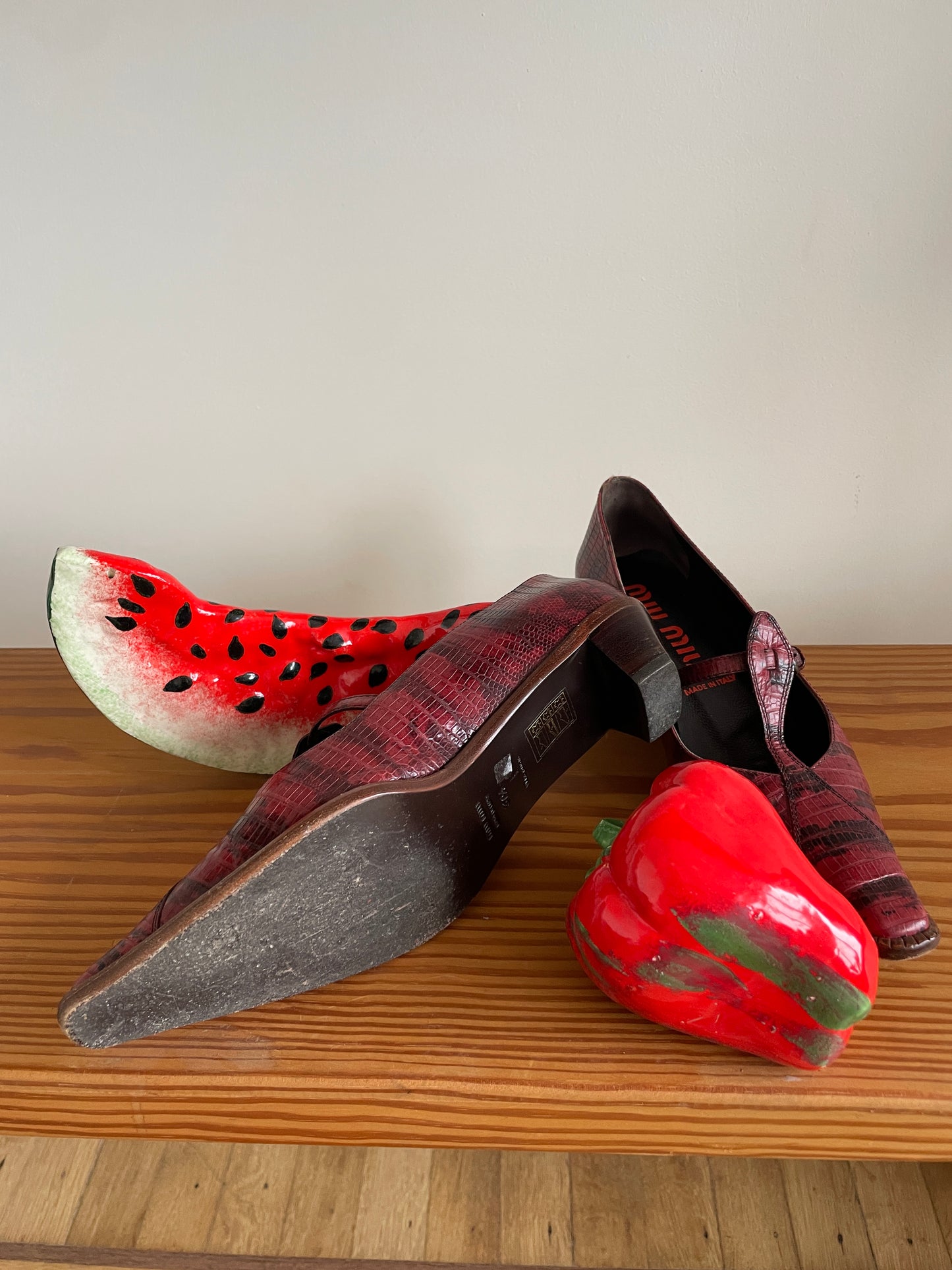 Miu Miu 1999 python print burgundy kitten heels