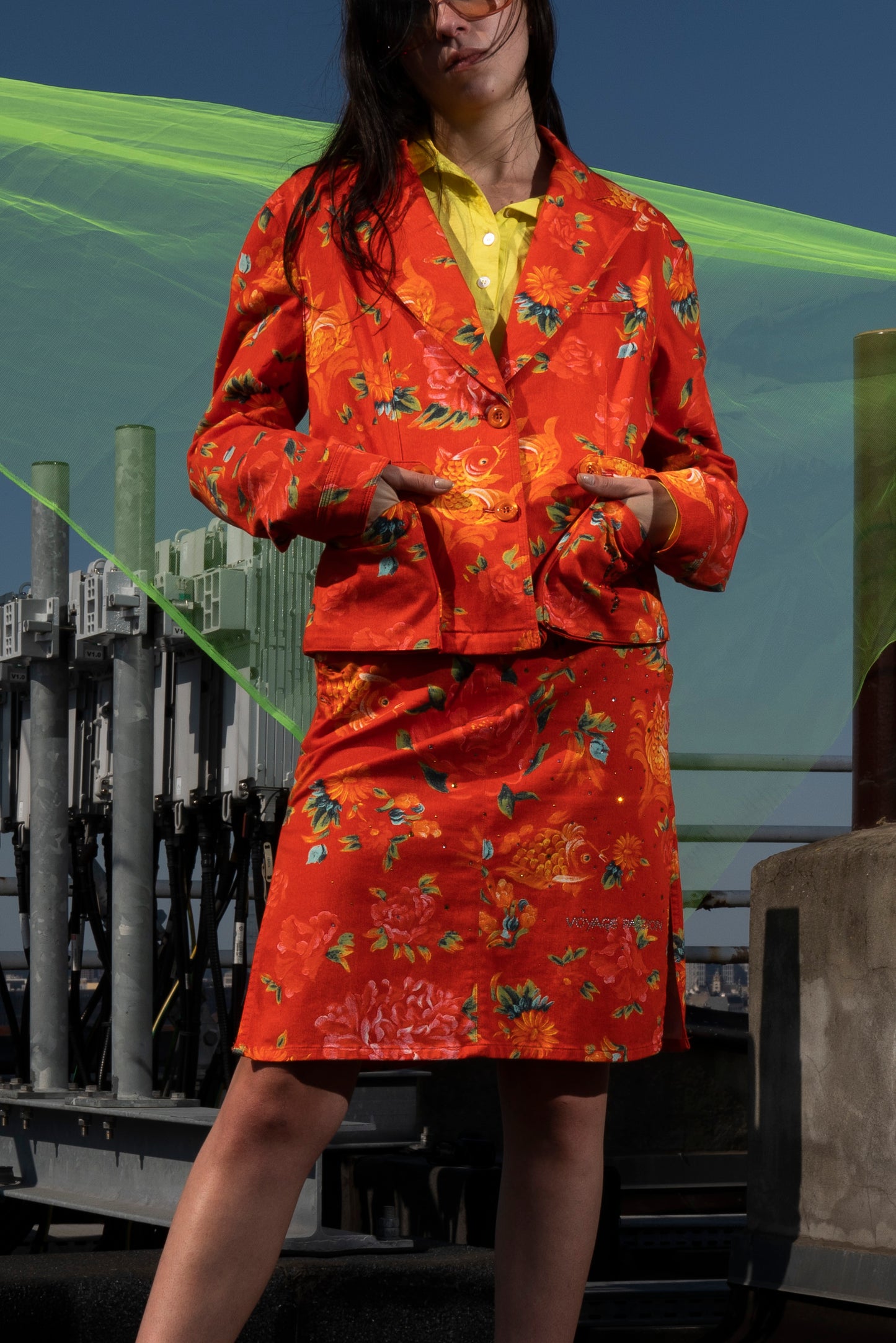 Voyage Passion Y2K orange goldfish & flower skirt suit