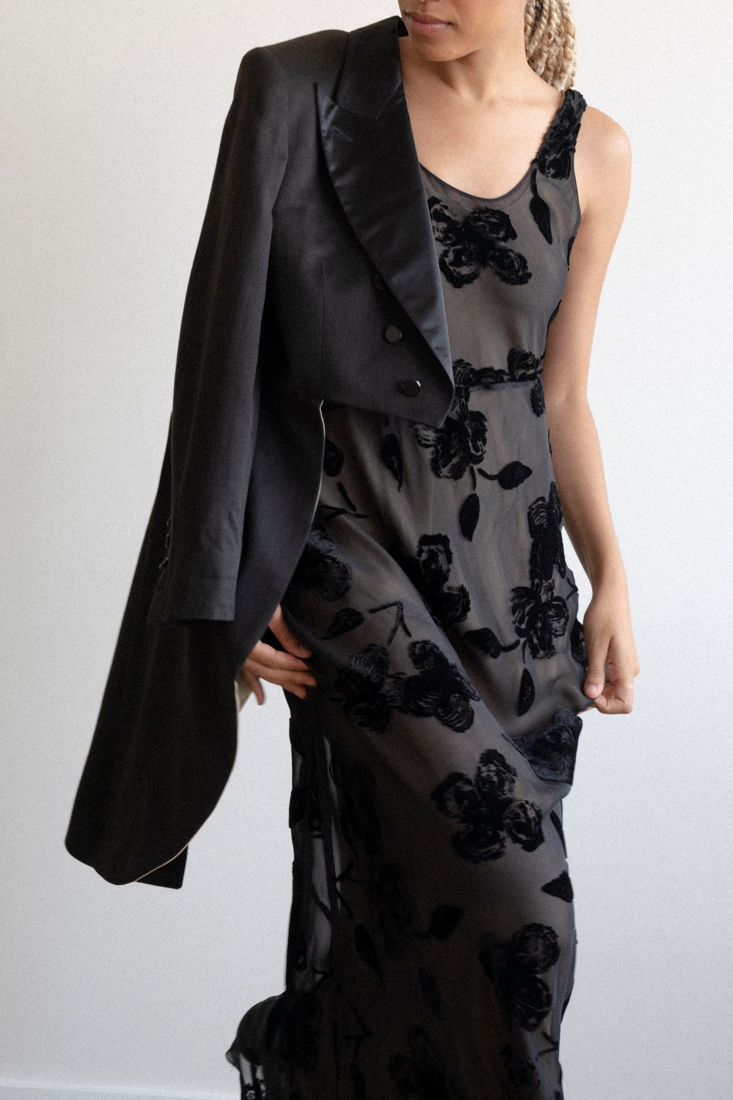 Calvin Klein 90's black floral velvet burnout bias slip gown
