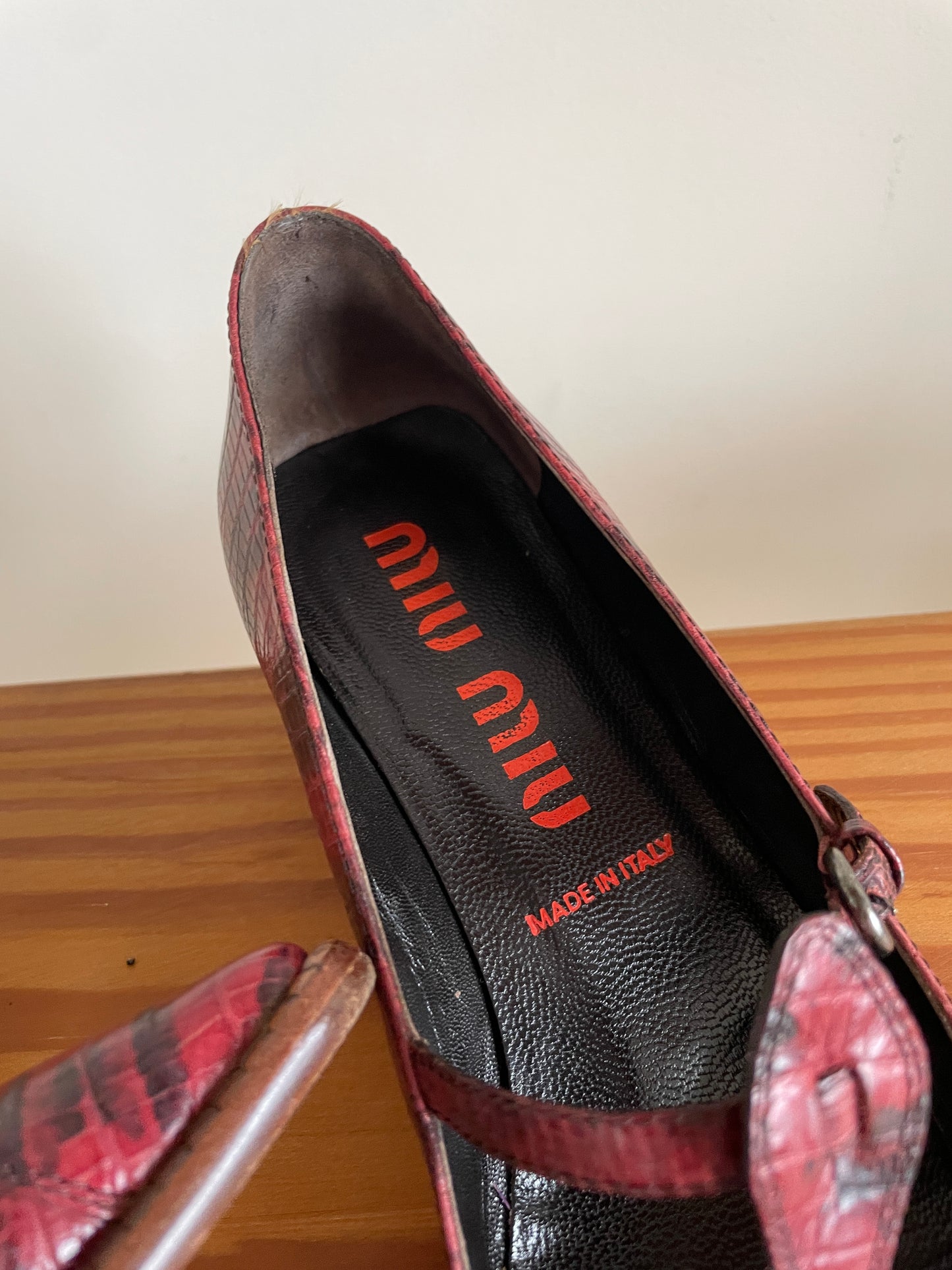 Miu Miu 1999 python print burgundy kitten heels