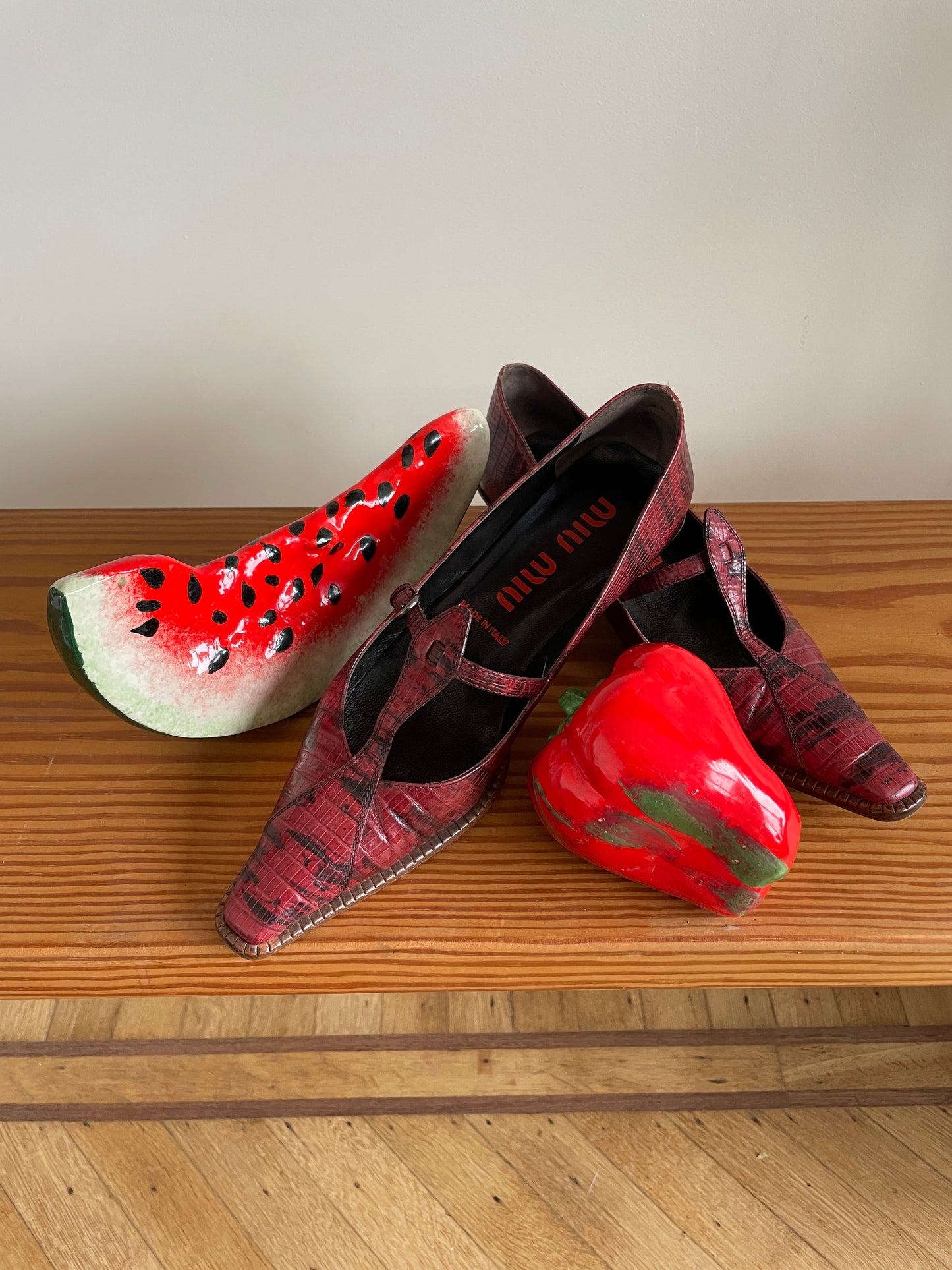 Miu Miu 1999 python print burgundy kitten heels