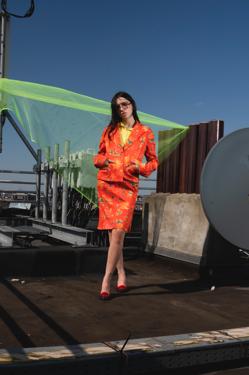 Voyage Passion Y2K orange goldfish & flower skirt suit