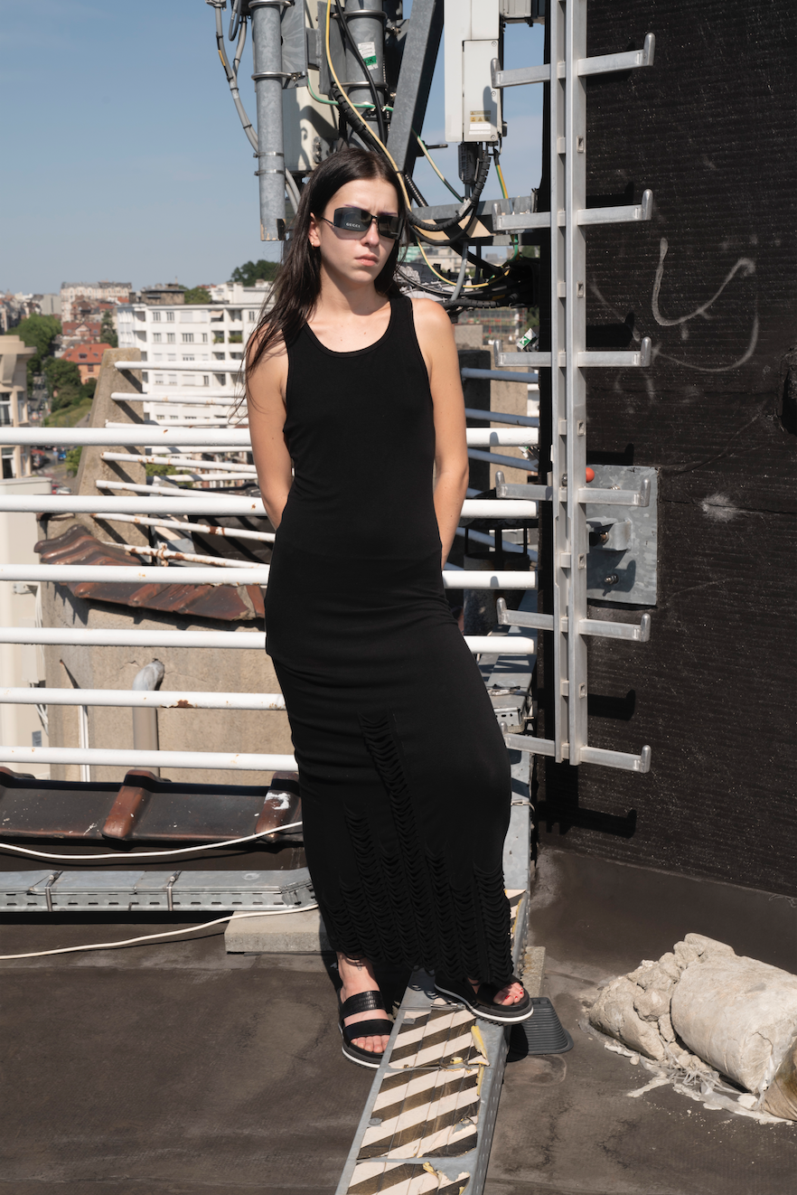 Jean Paul Gaultier Jeans 90s stretchy black maxi dress with fringes at bottom