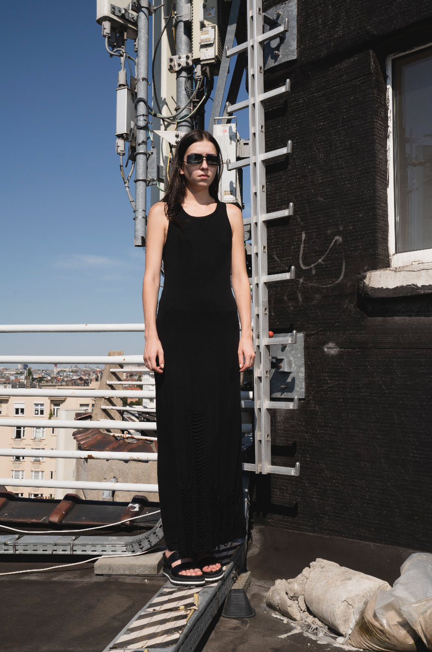 Jean Paul Gaultier Jeans 90s stretchy black maxi dress with fringes at bottom
