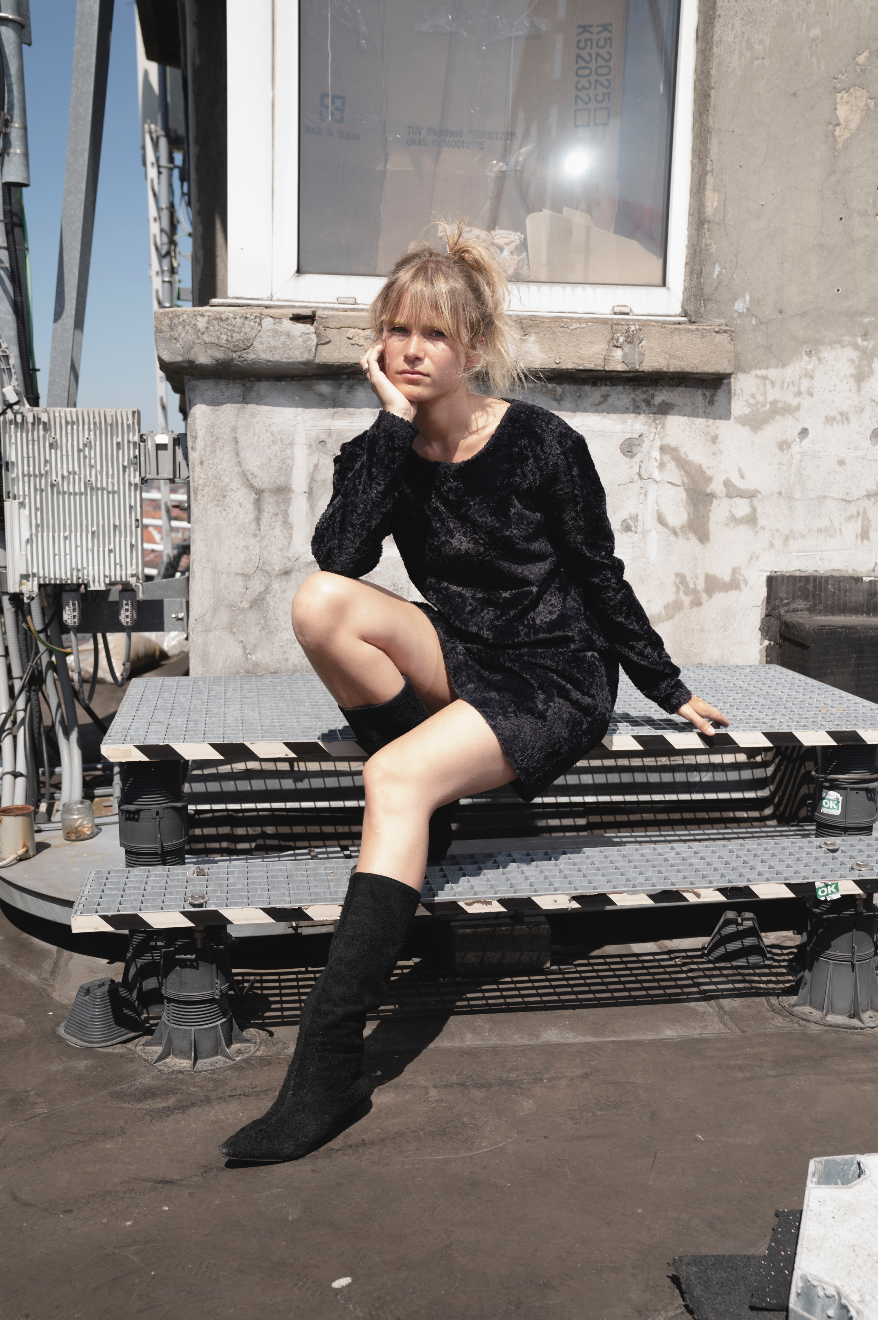 Helmut Lang 90's black faux fur mini little black lamb dress