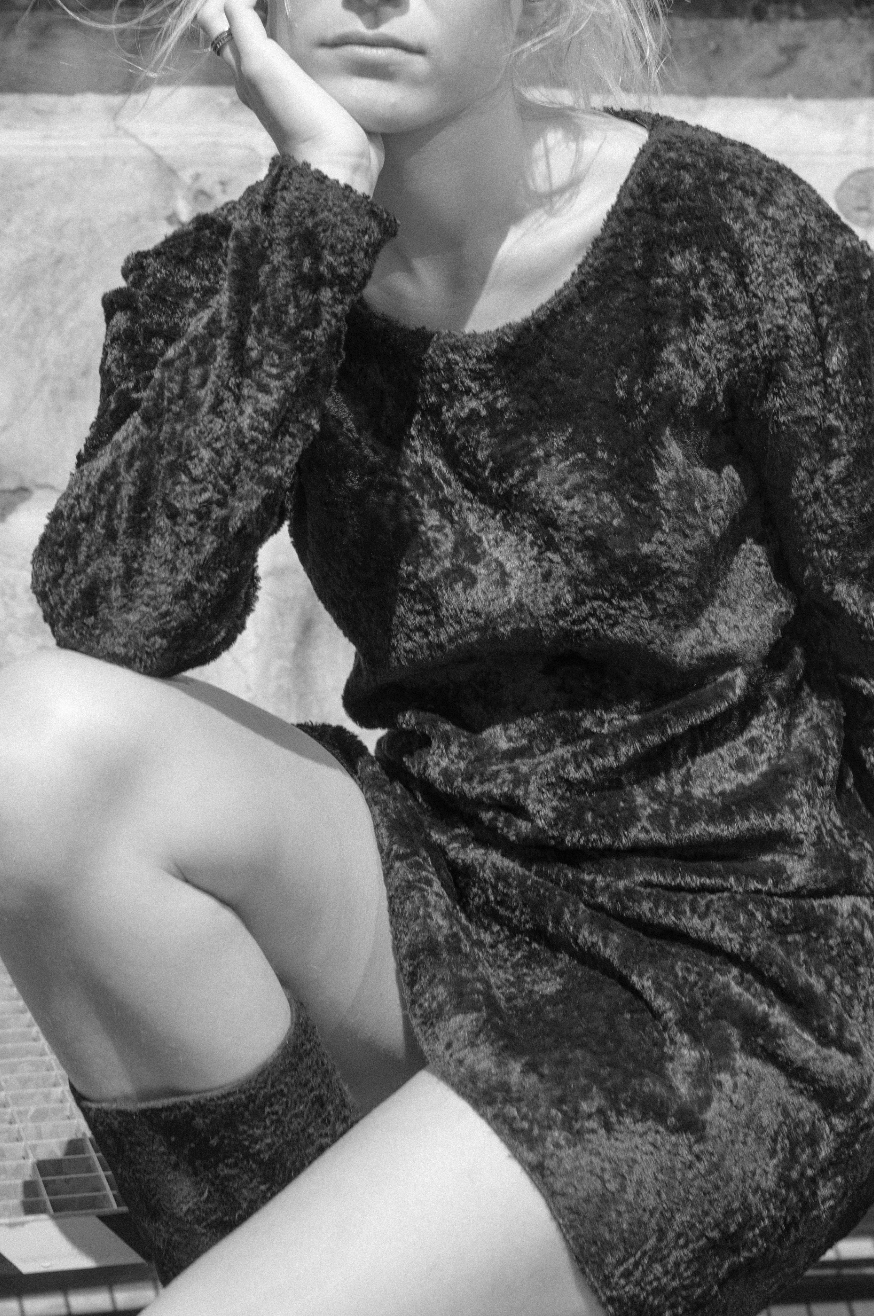 Helmut Lang 90's black faux fur mini little black lamb dress