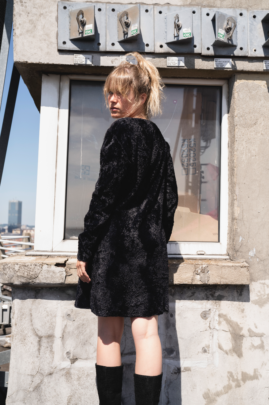 Helmut Lang 90's black faux fur mini little black lamb dress