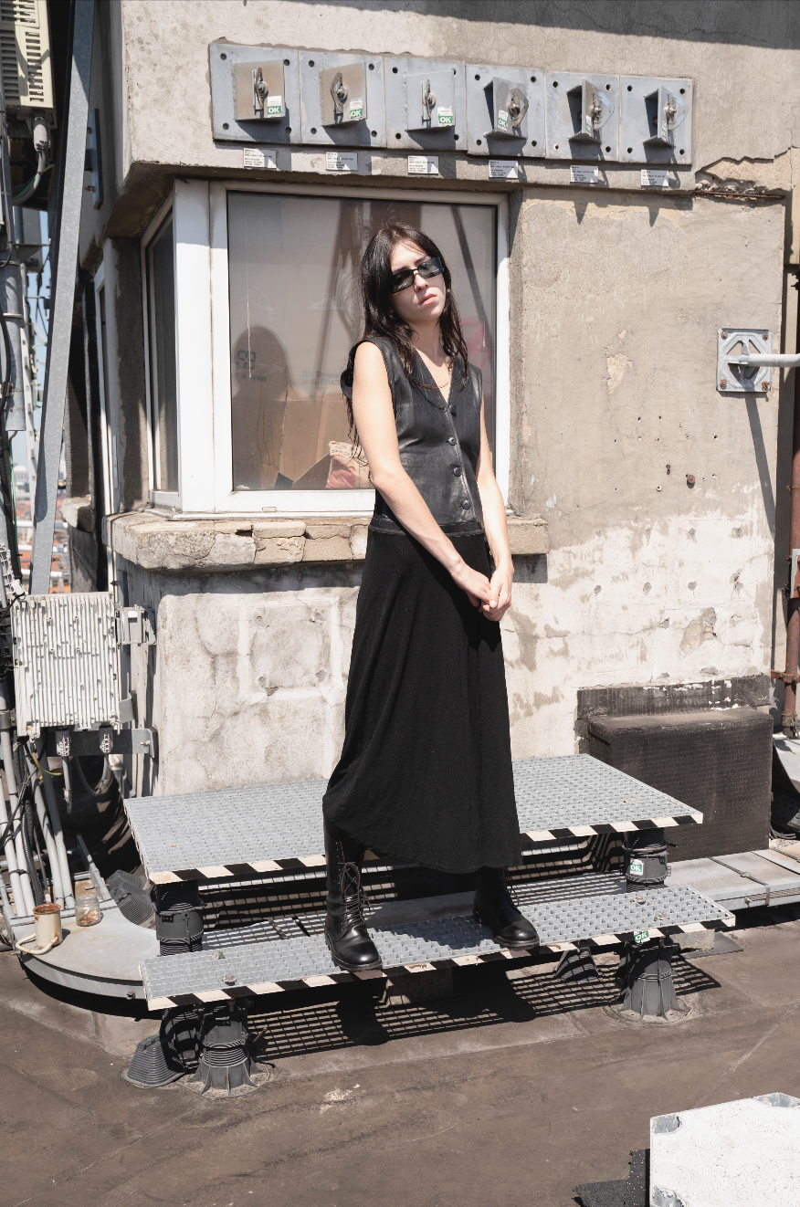 Helmut Lang 90's rare dress with leather top and stretchy skirt