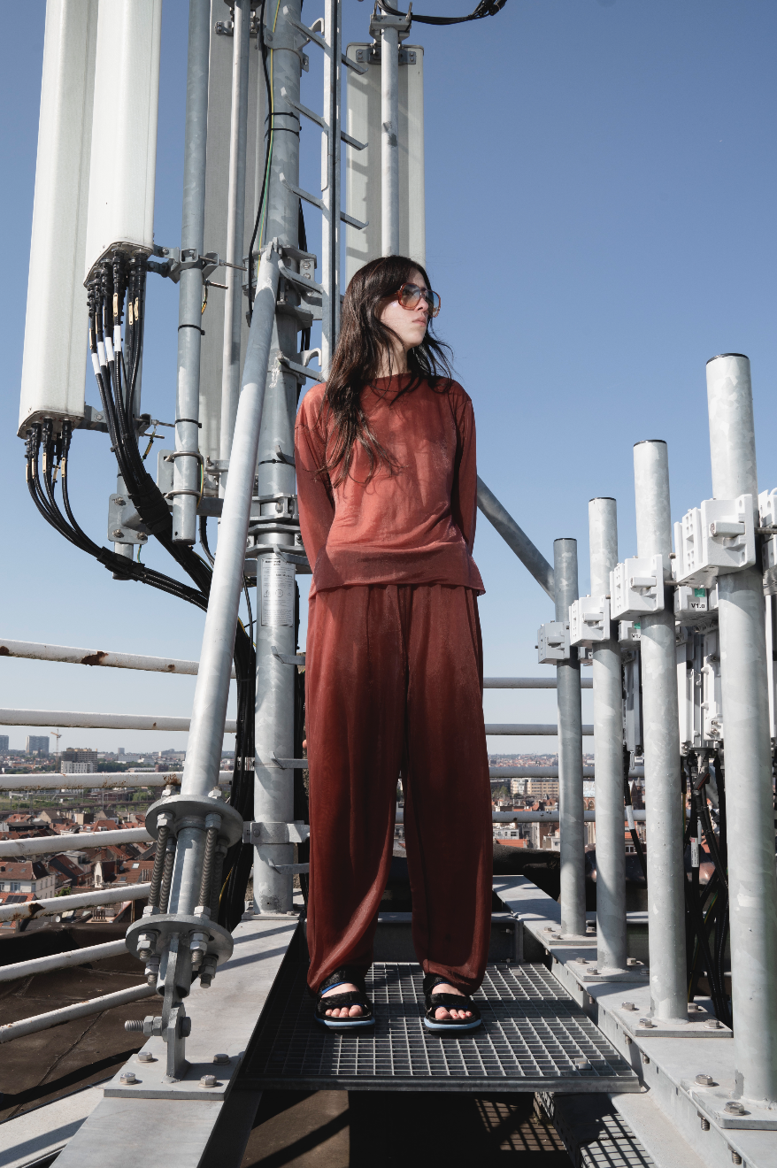 Helmut Lang 90's burgundy synthetic pants and shirt