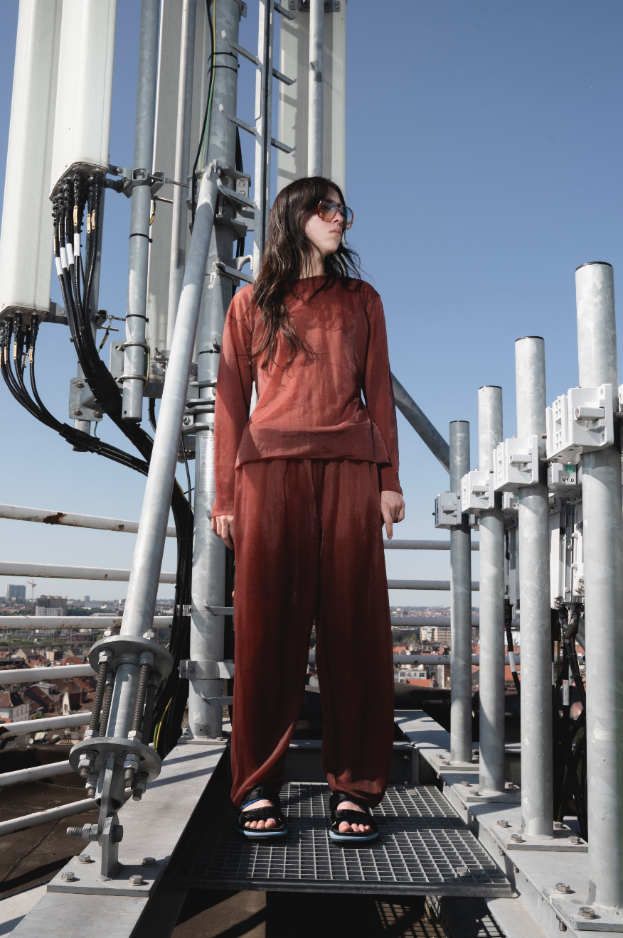 Helmut Lang 90's burgundy synthetic pants and shirt