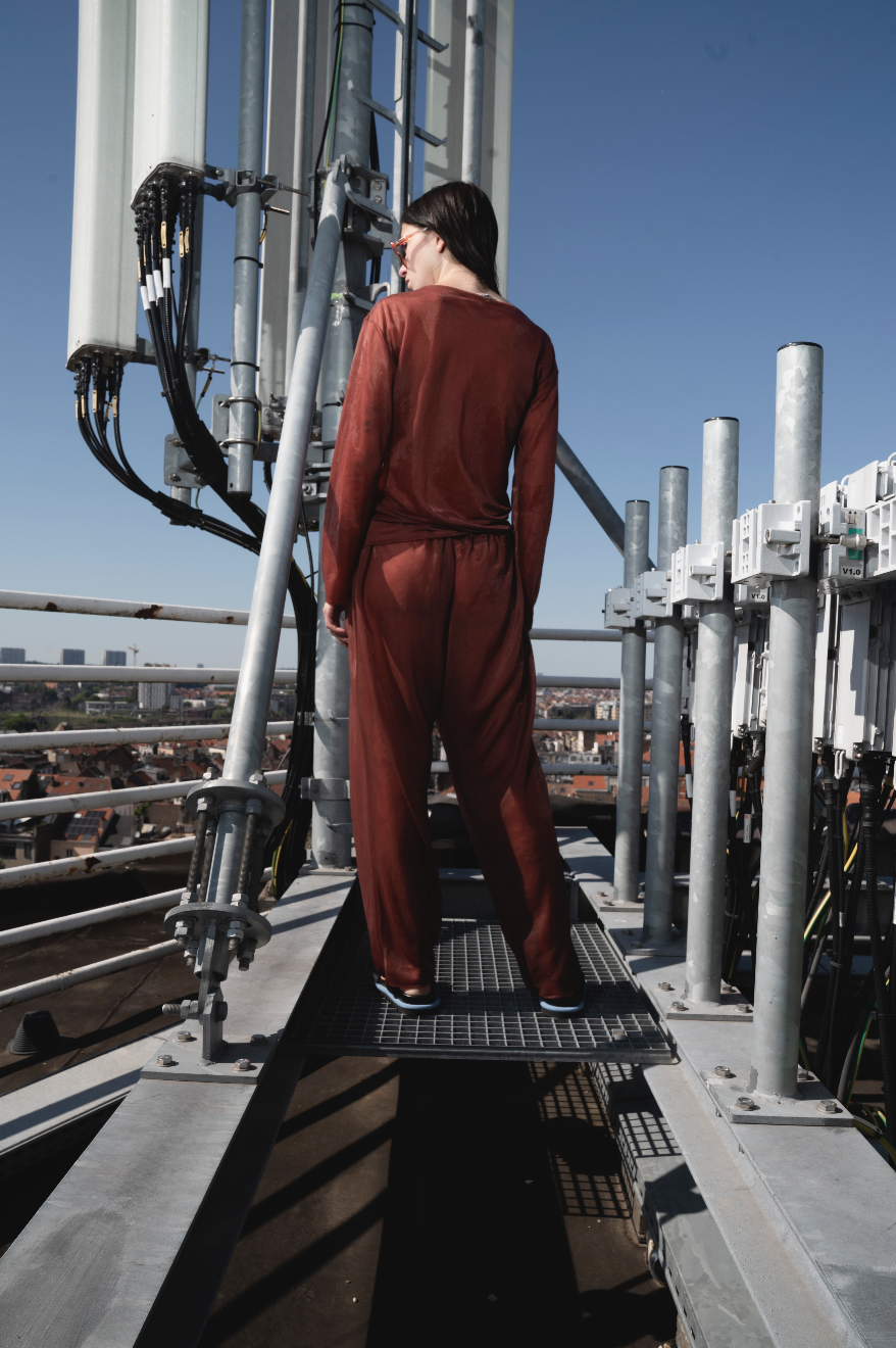 Helmut Lang 90's burgundy synthetic pants and shirt