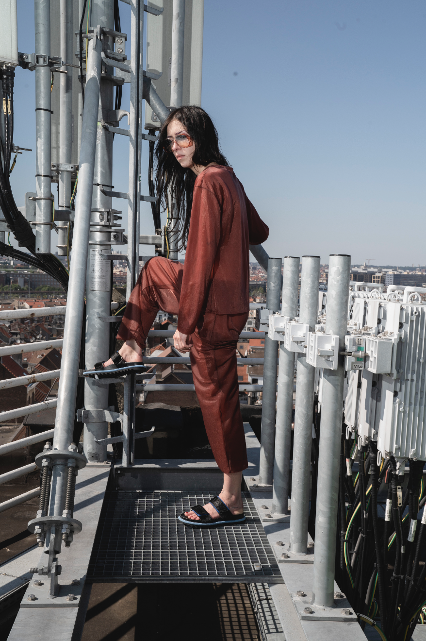 Helmut Lang 90's burgundy synthetic pants and shirt
