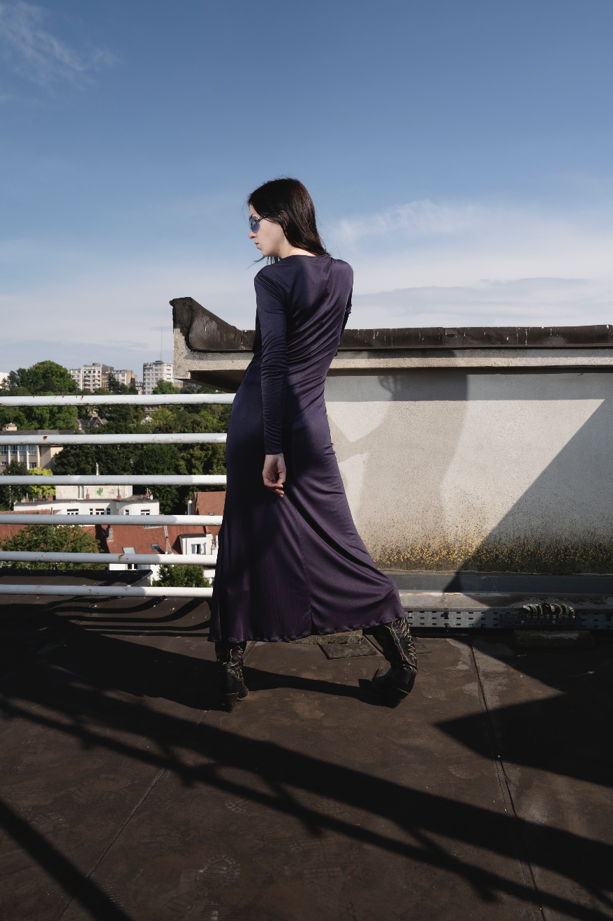 Helmut Lang 90's blue sheer evening dress with crossed frontal draping