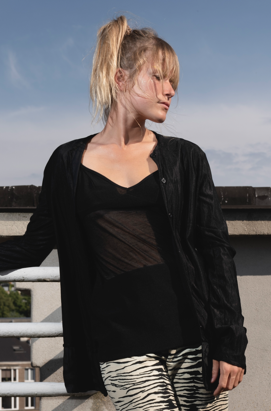 Helmut Lang 1997 black shirt with cut out elbows