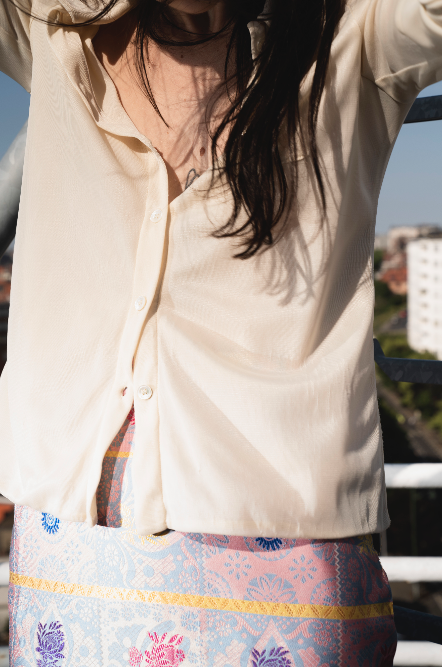 Helmut Lang 1997 off-white mesh shirt with cut out elbows