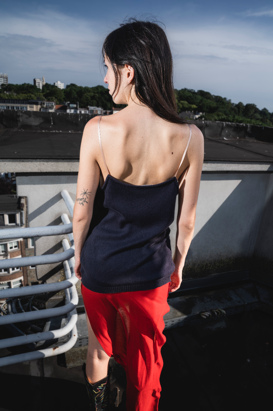 Helmut Lang 90's cotton dark blue knit top with silk shoulder straps