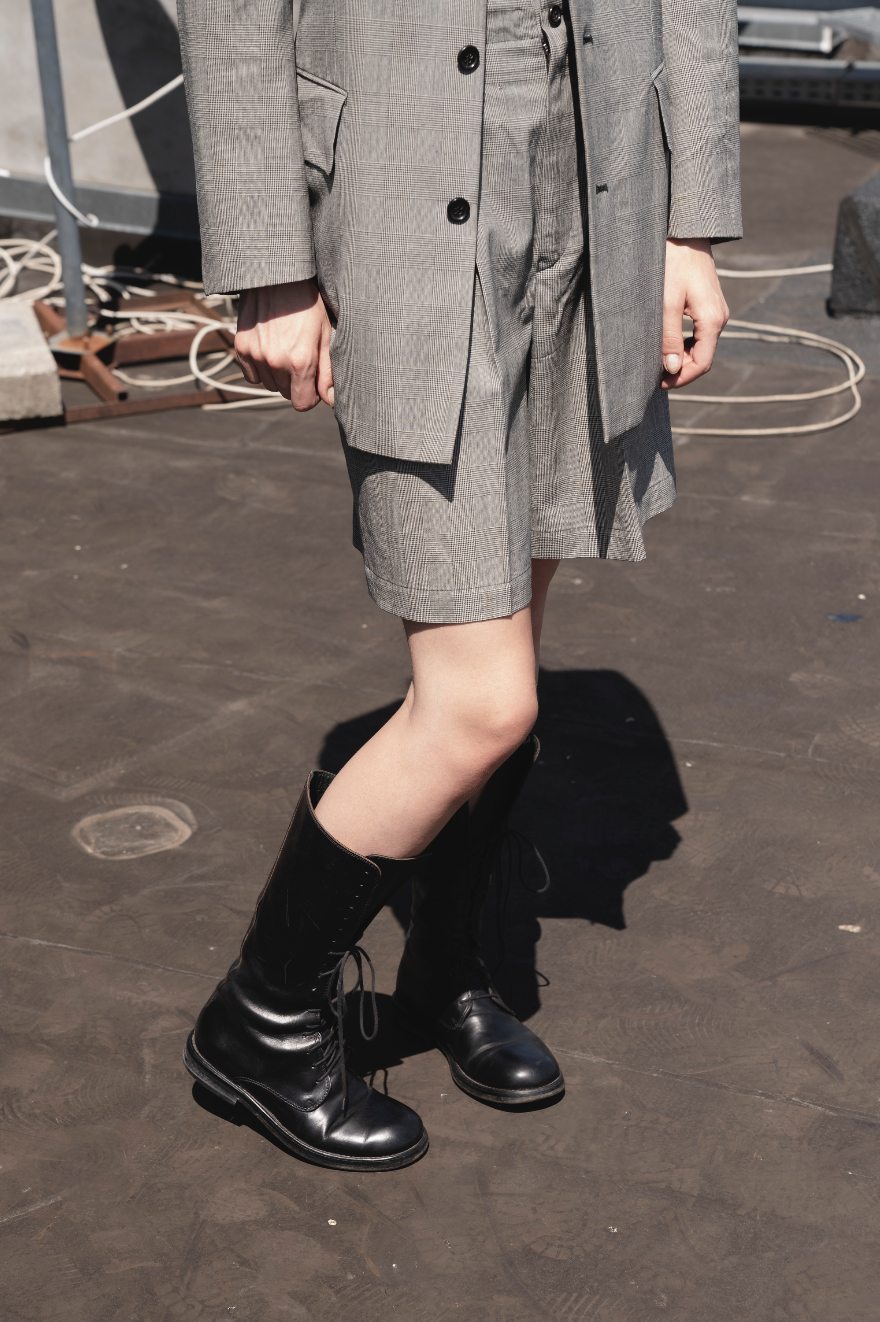 Comme des Garçons grey striped shorts suit AD 1991