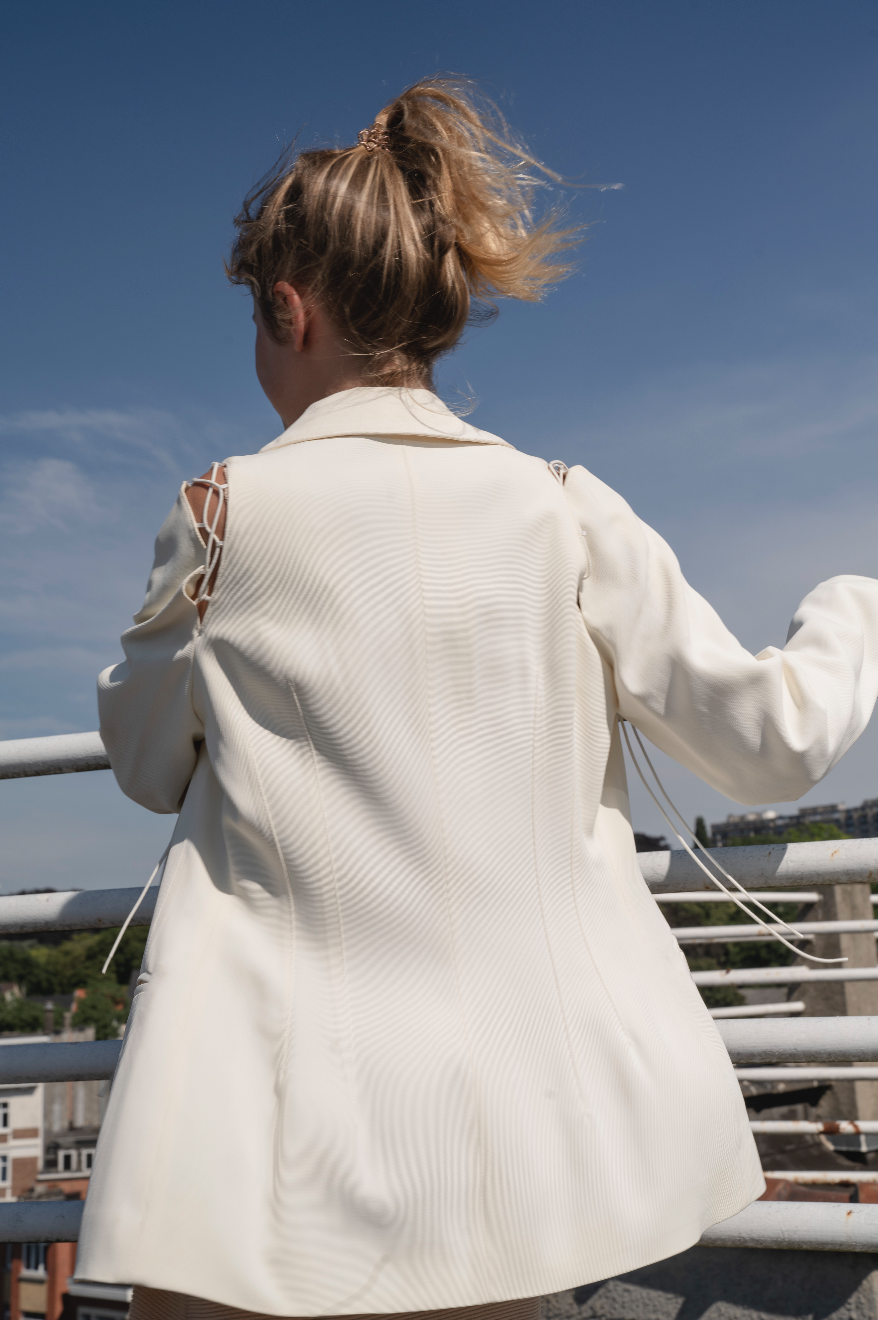 Puck & Hans 2000s white blazer with laced up shoulders