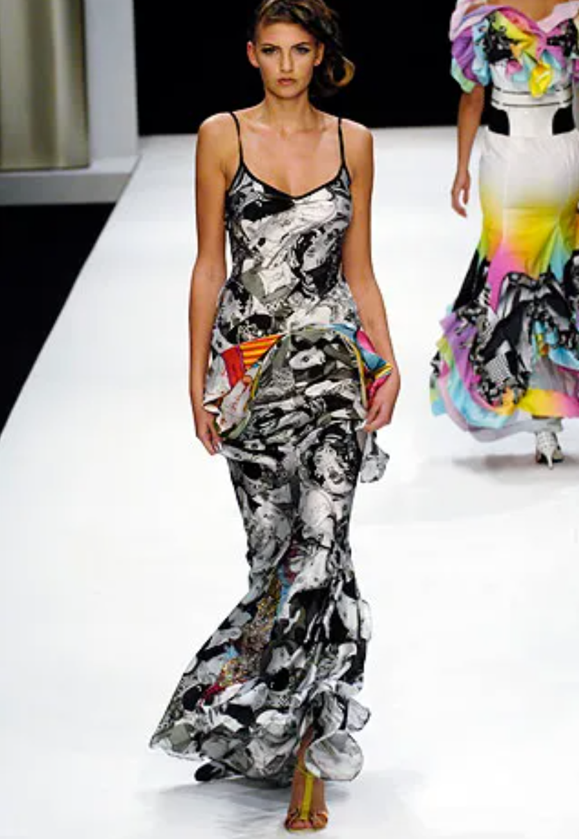 Basso and Brooke 2006 SS Runway "Dogs in drag" print silk evening dress