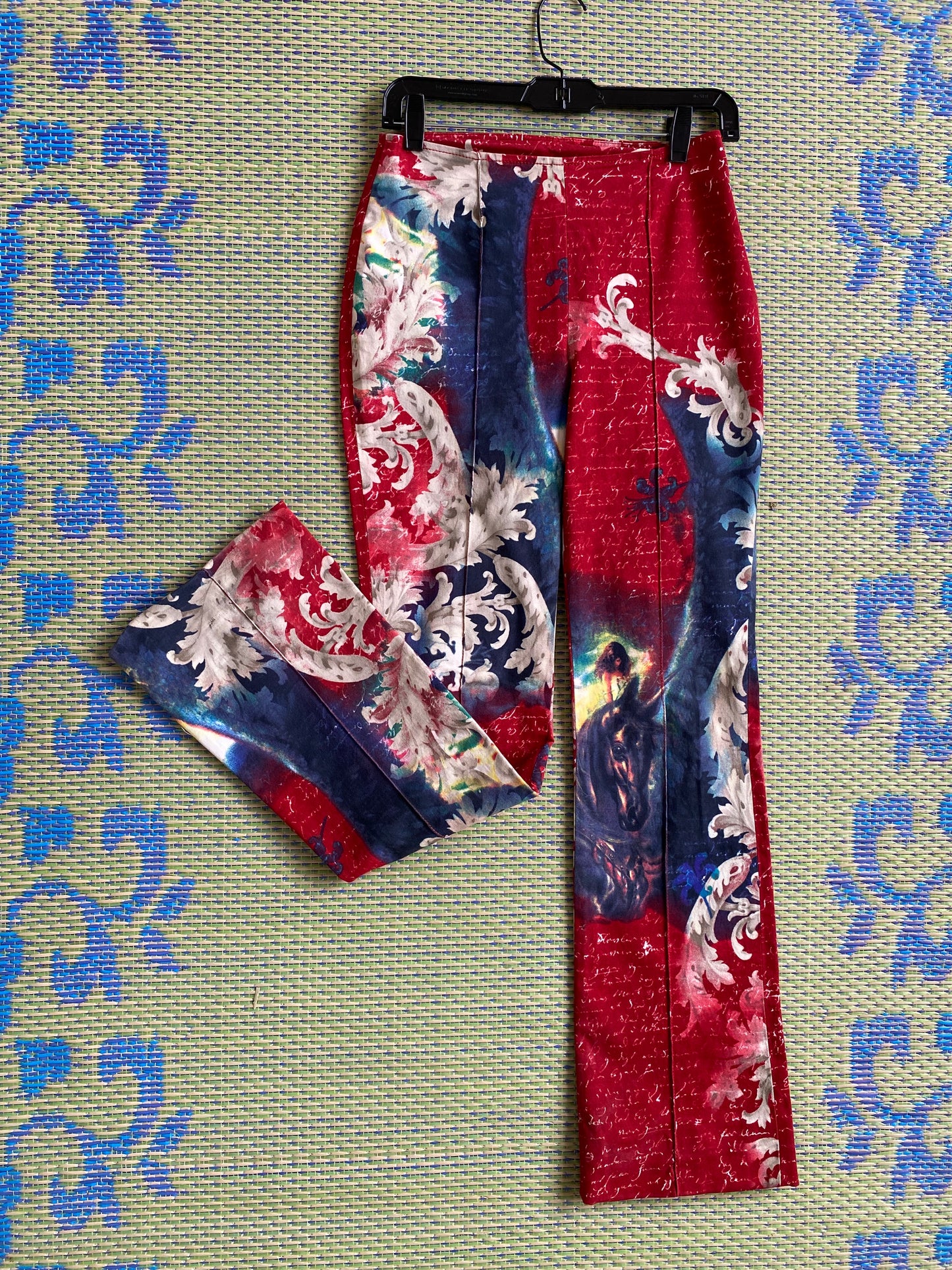 Voyage Passion Y2K stretchy cotton high waisted flared pants with floral pattern, unicorns & fairies