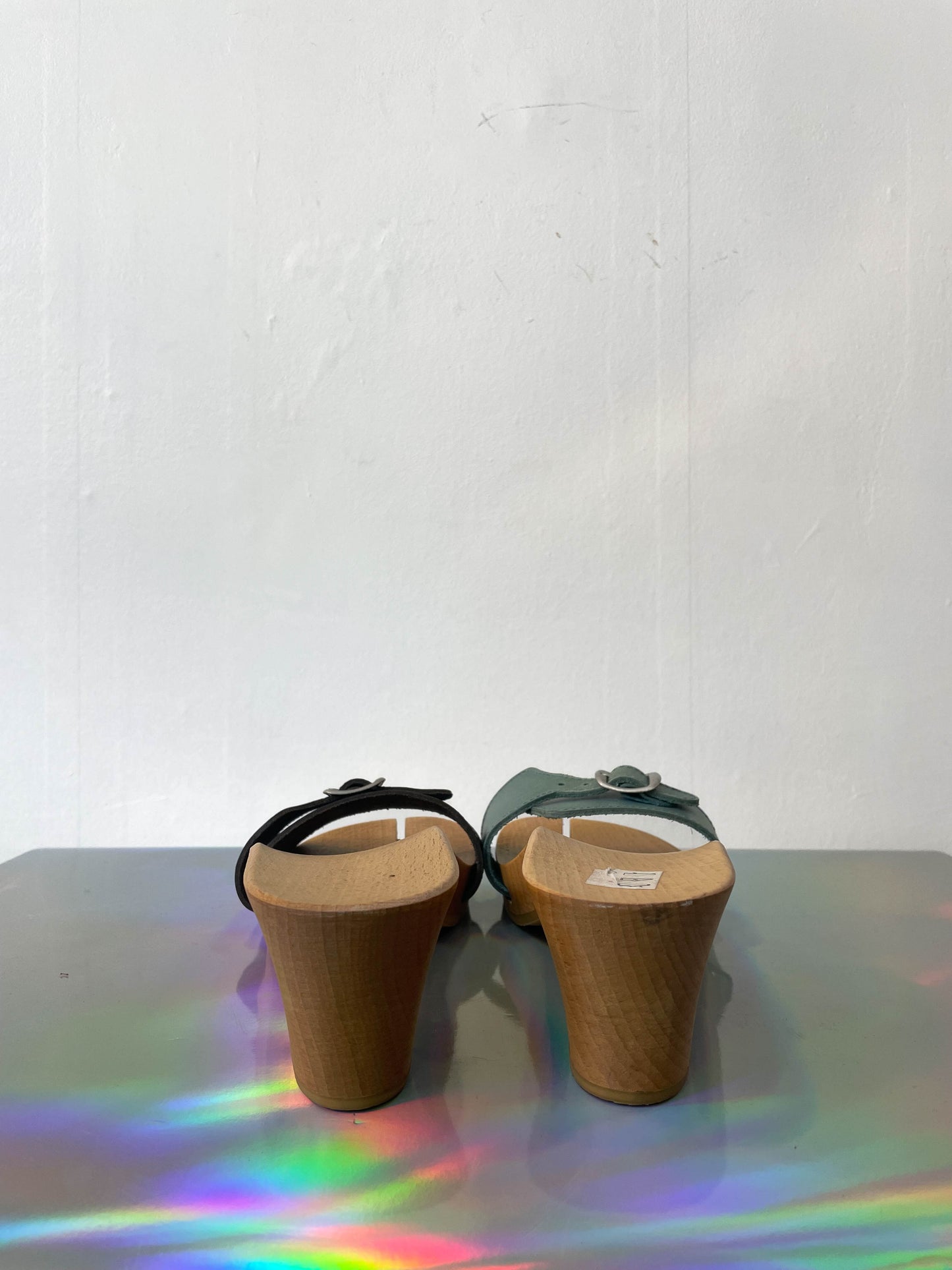 MM6 2005's wooden tabi sandals with interchangeable leather colored straps size 39