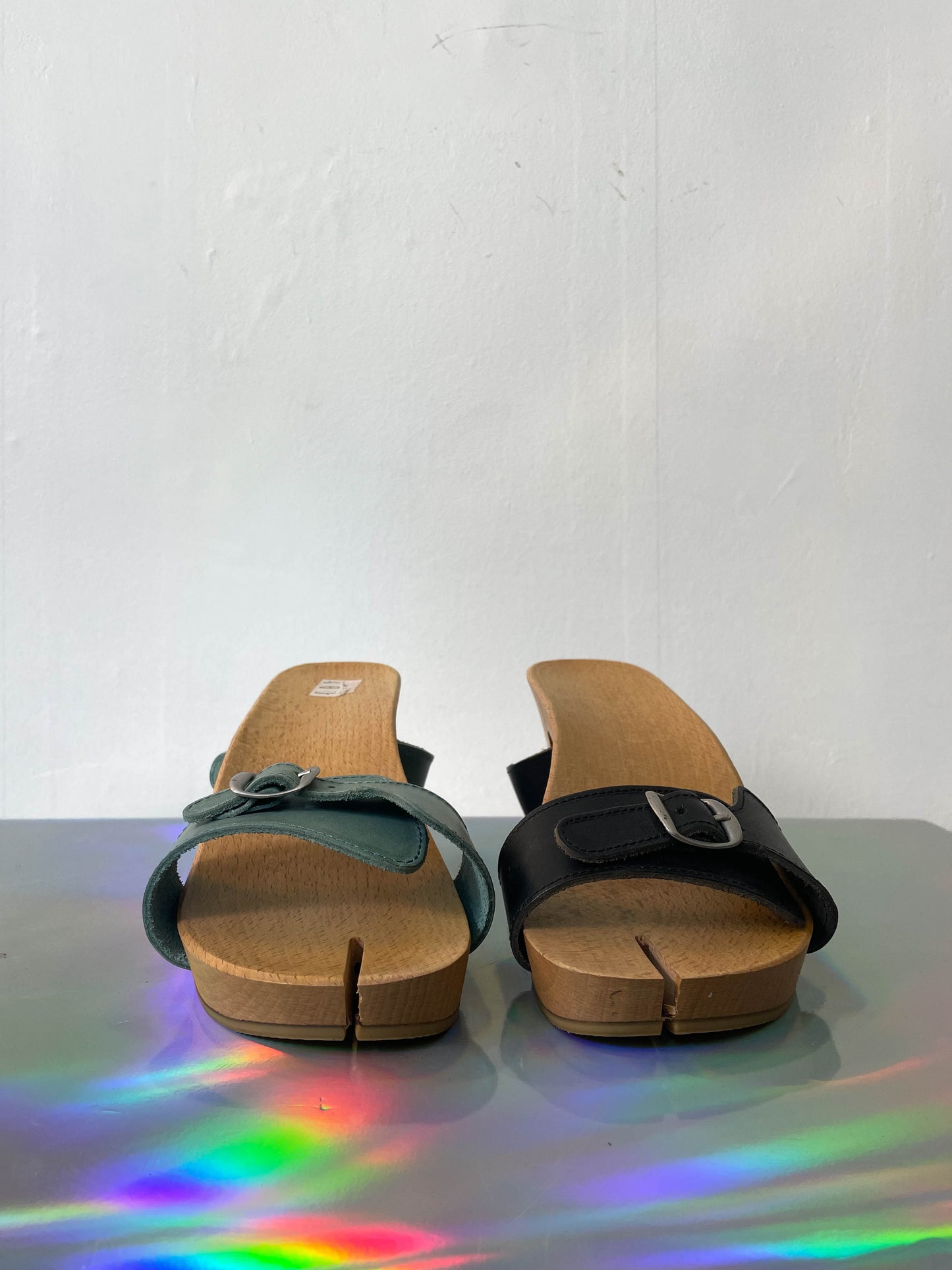 MM6 2005's wooden tabi sandals with interchangeable leather colored straps size 39