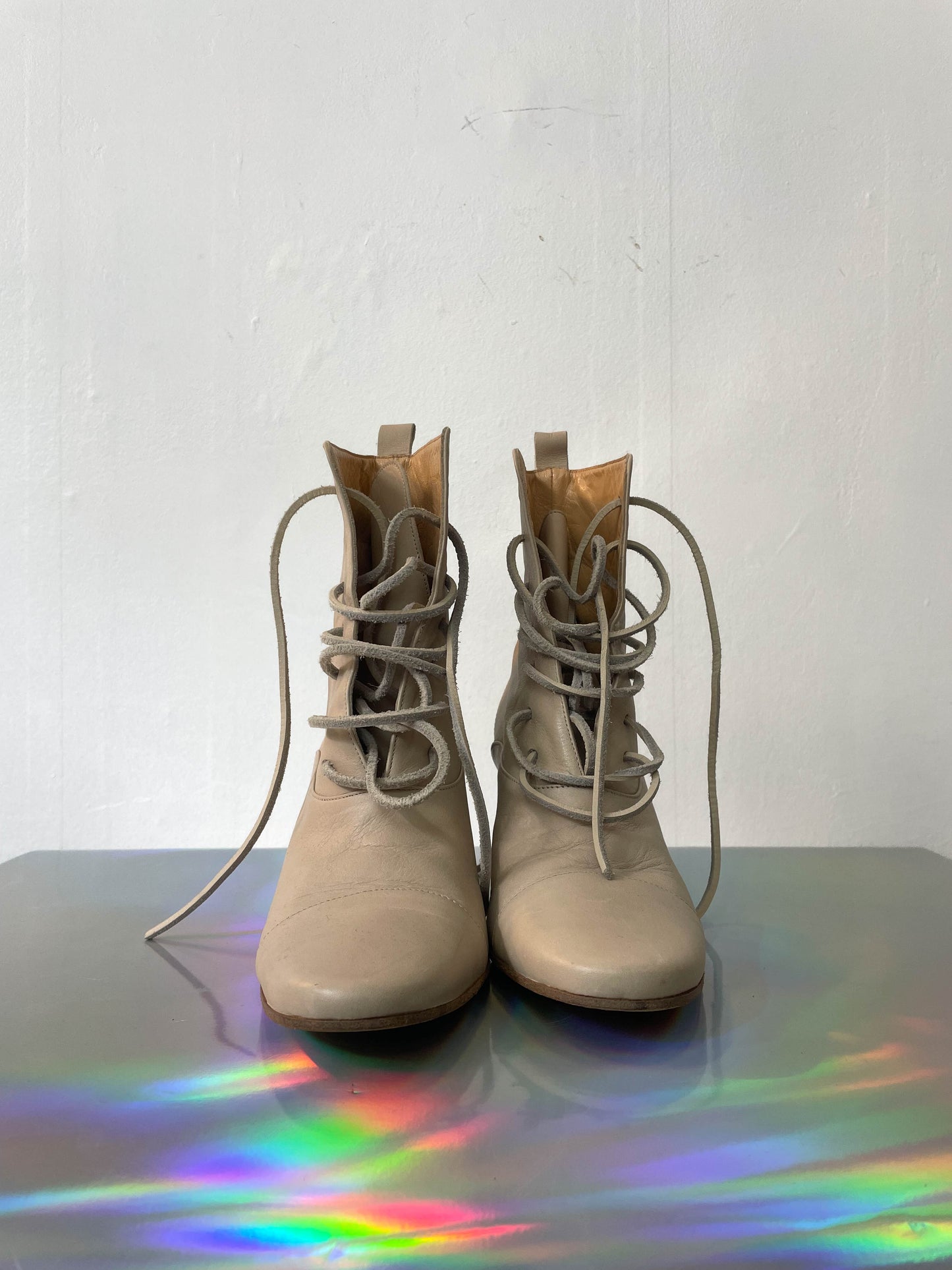 Ann Demeulemeester beige leather laced up ankle  boots size 36
