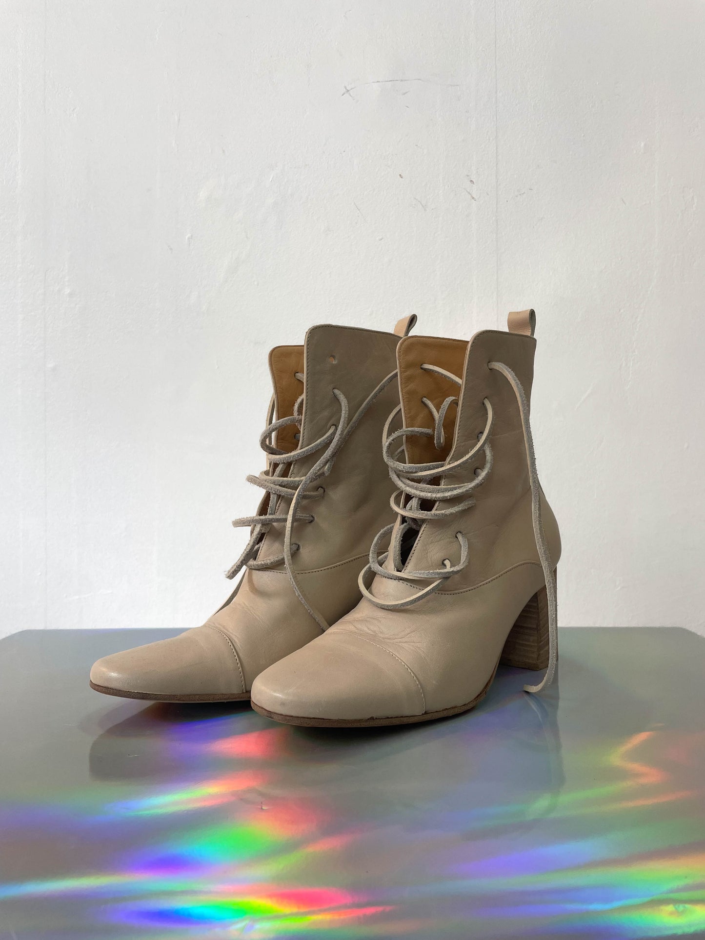 Ann Demeulemeester beige leather laced up ankle  boots size 36
