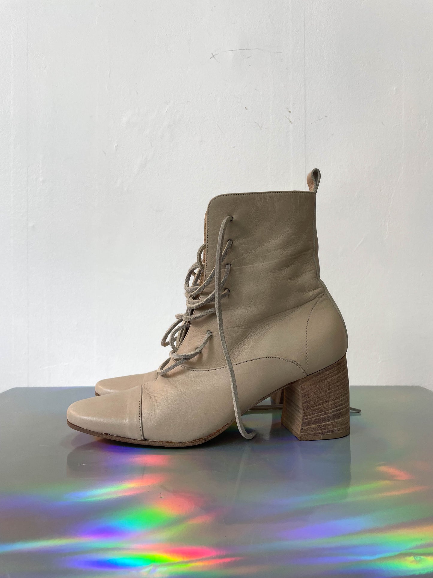Ann Demeulemeester beige leather laced up ankle  boots size 36