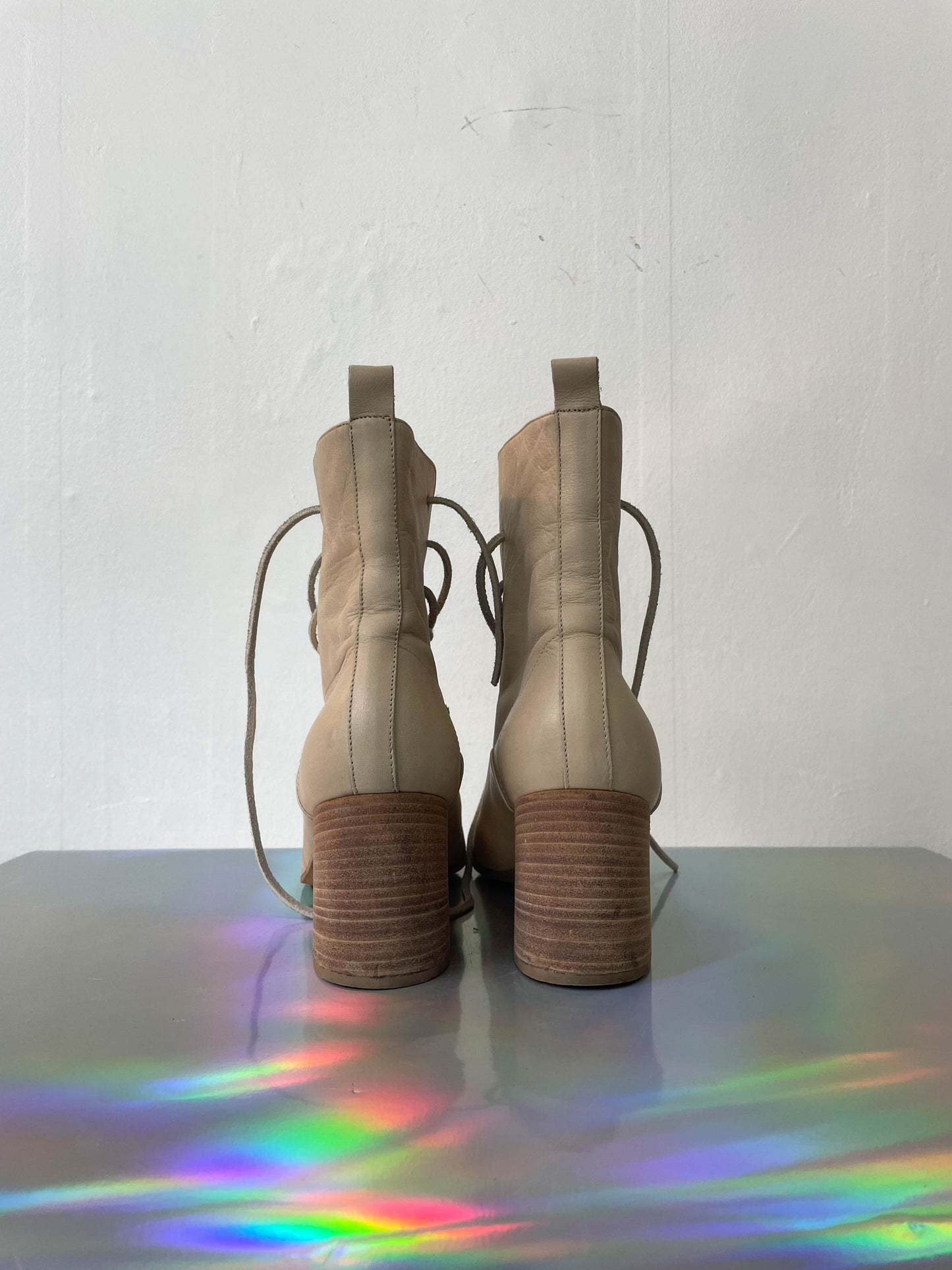 Ann Demeulemeester beige leather laced up ankle  boots size 36