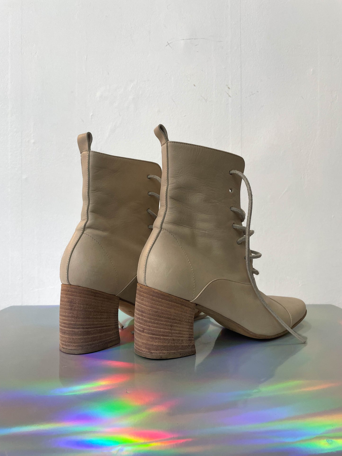 Ann Demeulemeester beige leather laced up ankle  boots size 36