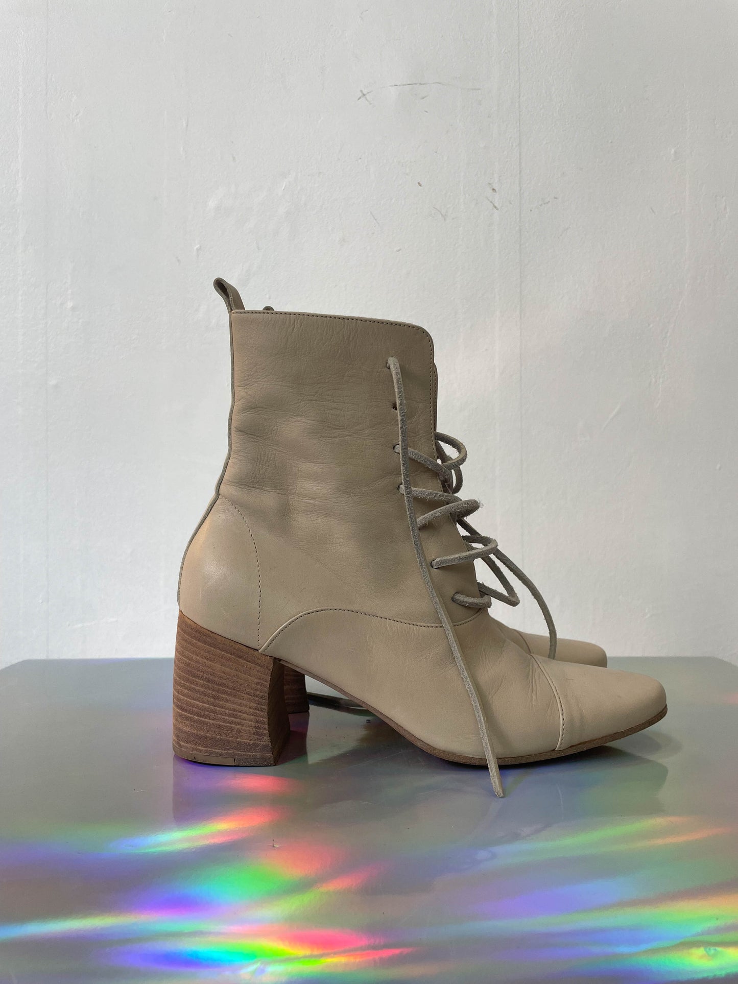 Ann Demeulemeester beige leather laced up ankle  boots size 36