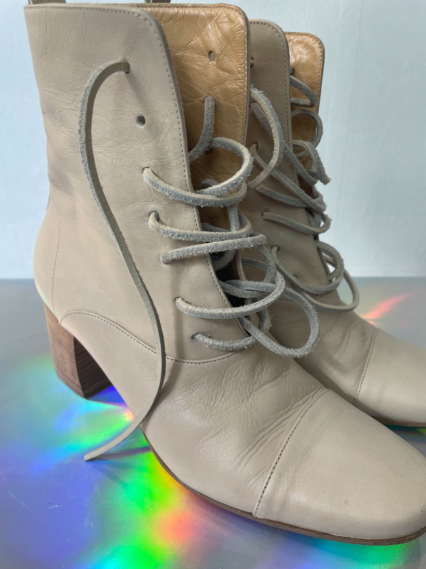 Ann Demeulemeester beige leather laced up ankle  boots size 36