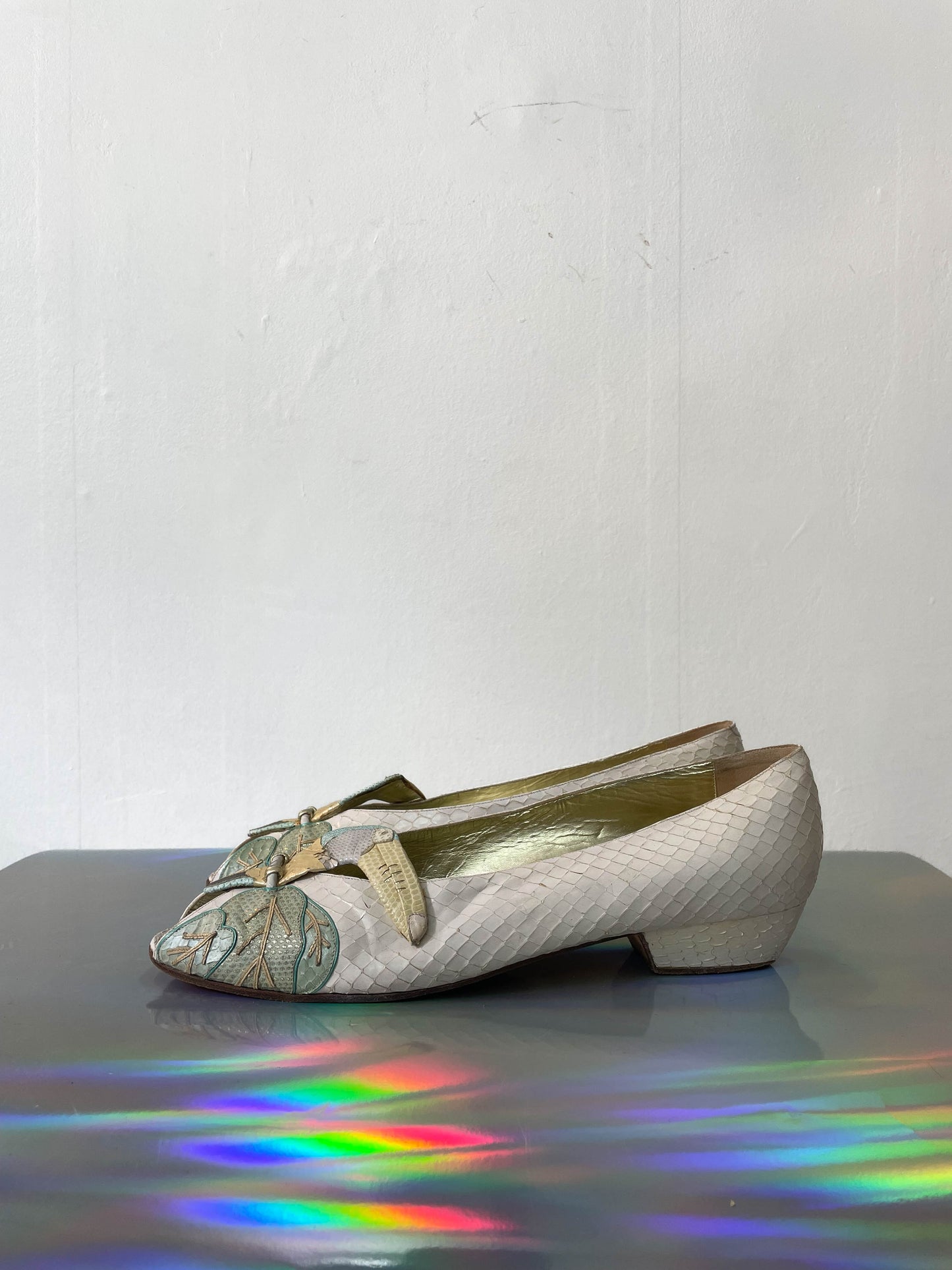Andrea Pfister 80's white python leather toucan peep-toe shoes size 39