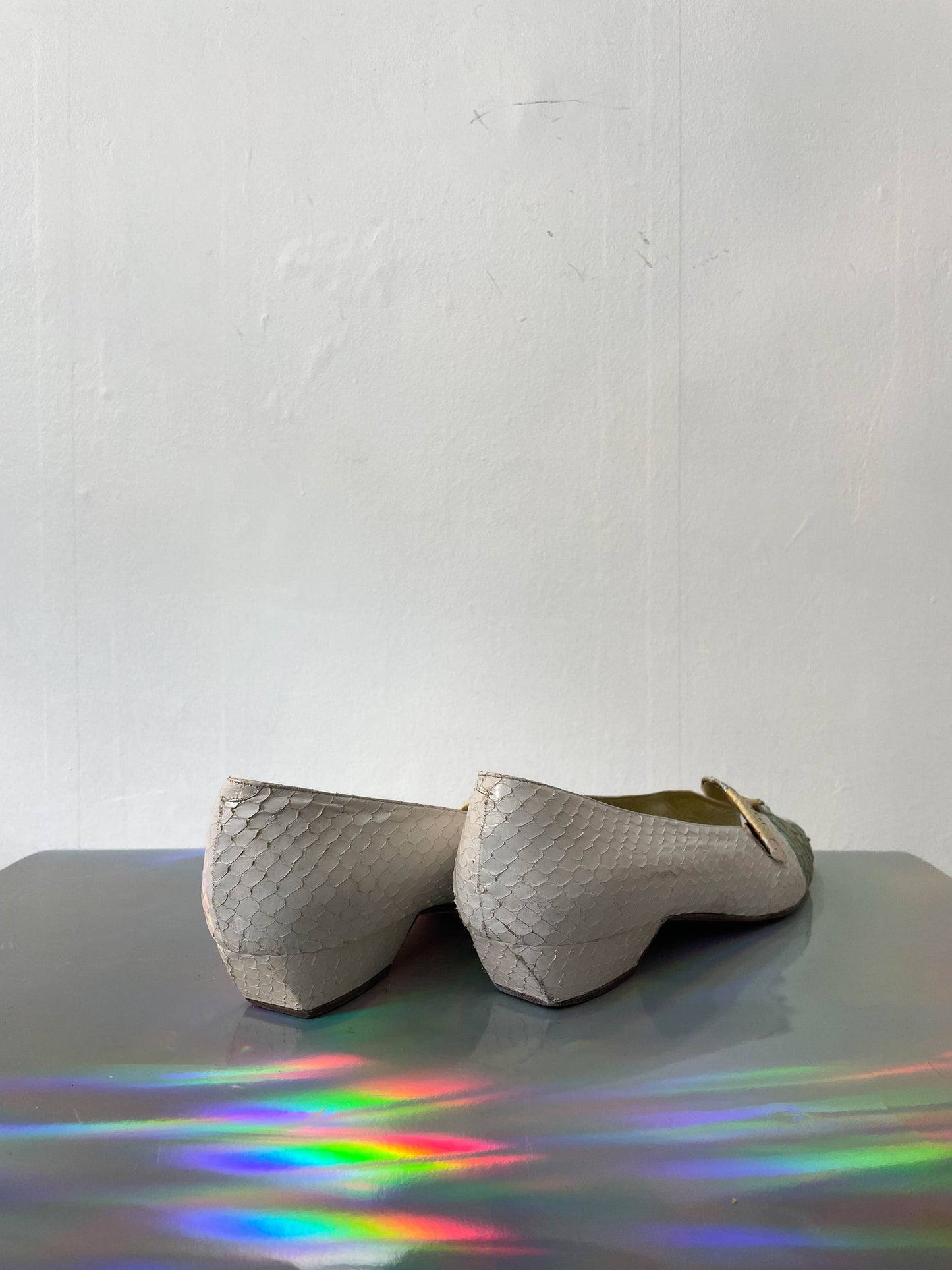 Andrea Pfister 80's white python leather toucan peep-toe shoes size 39