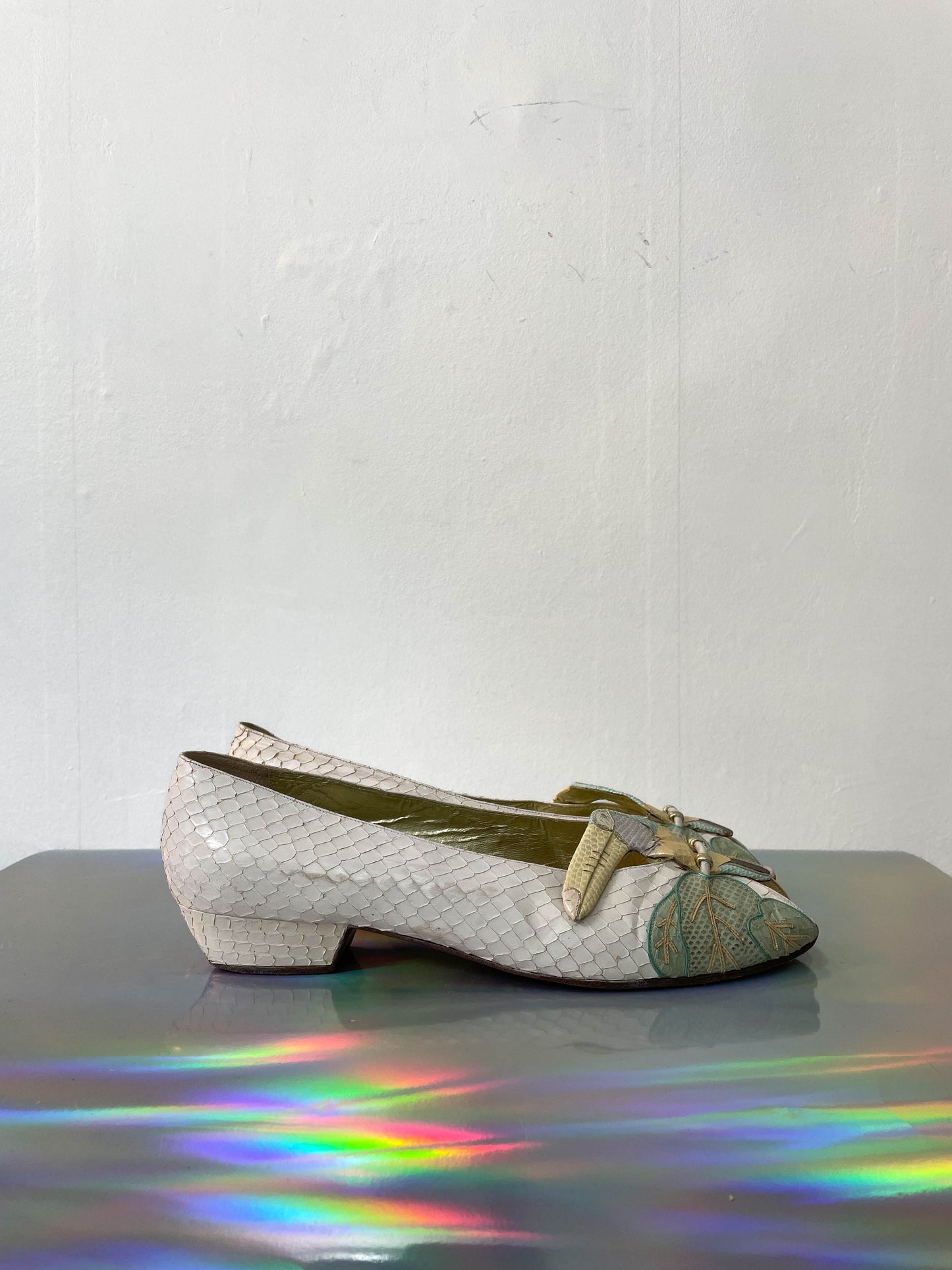 Andrea Pfister 80's white python leather toucan peep-toe shoes size 39