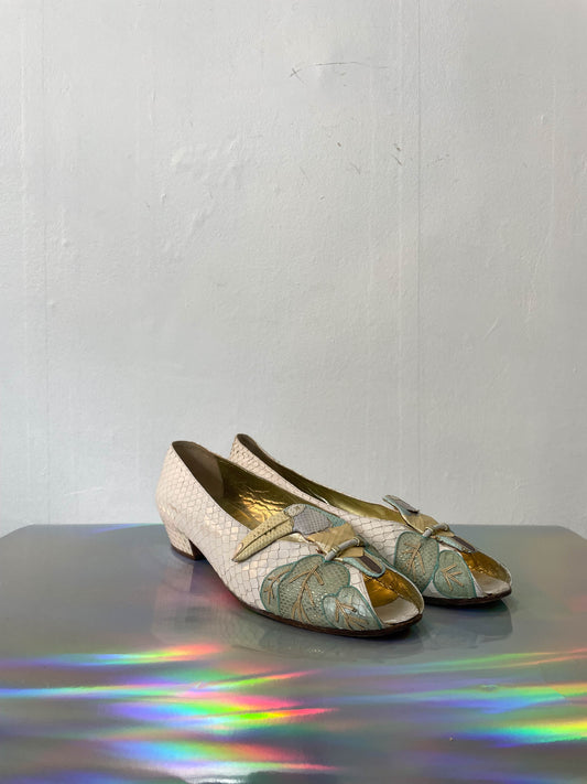 Andrea Pfister 80's white python leather toucan peep-toe shoes size 39
