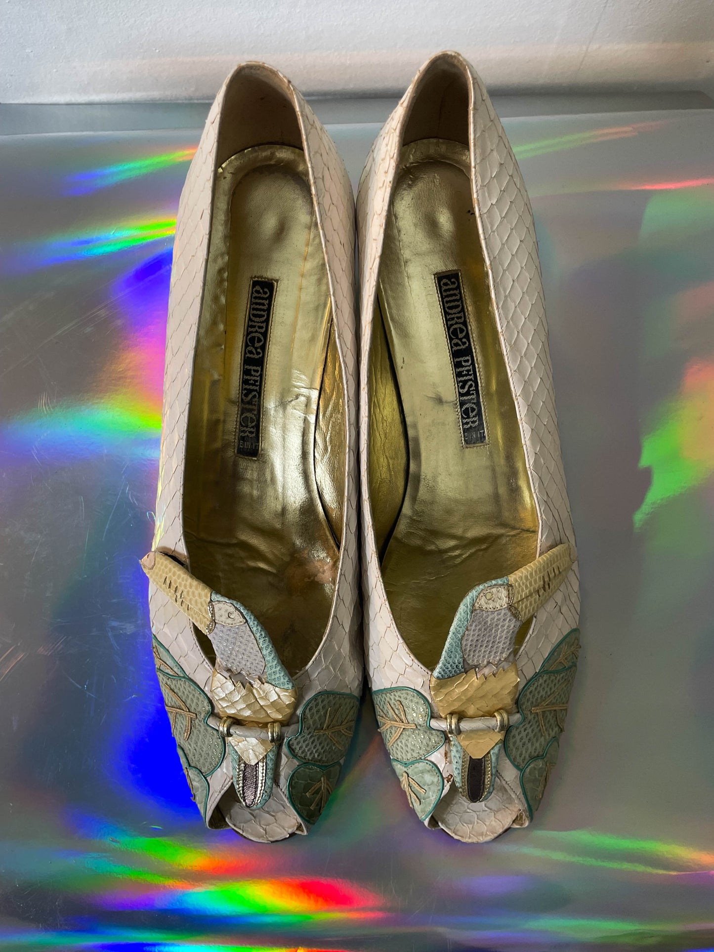 Andrea Pfister 80's white python leather toucan peep-toe shoes size 39
