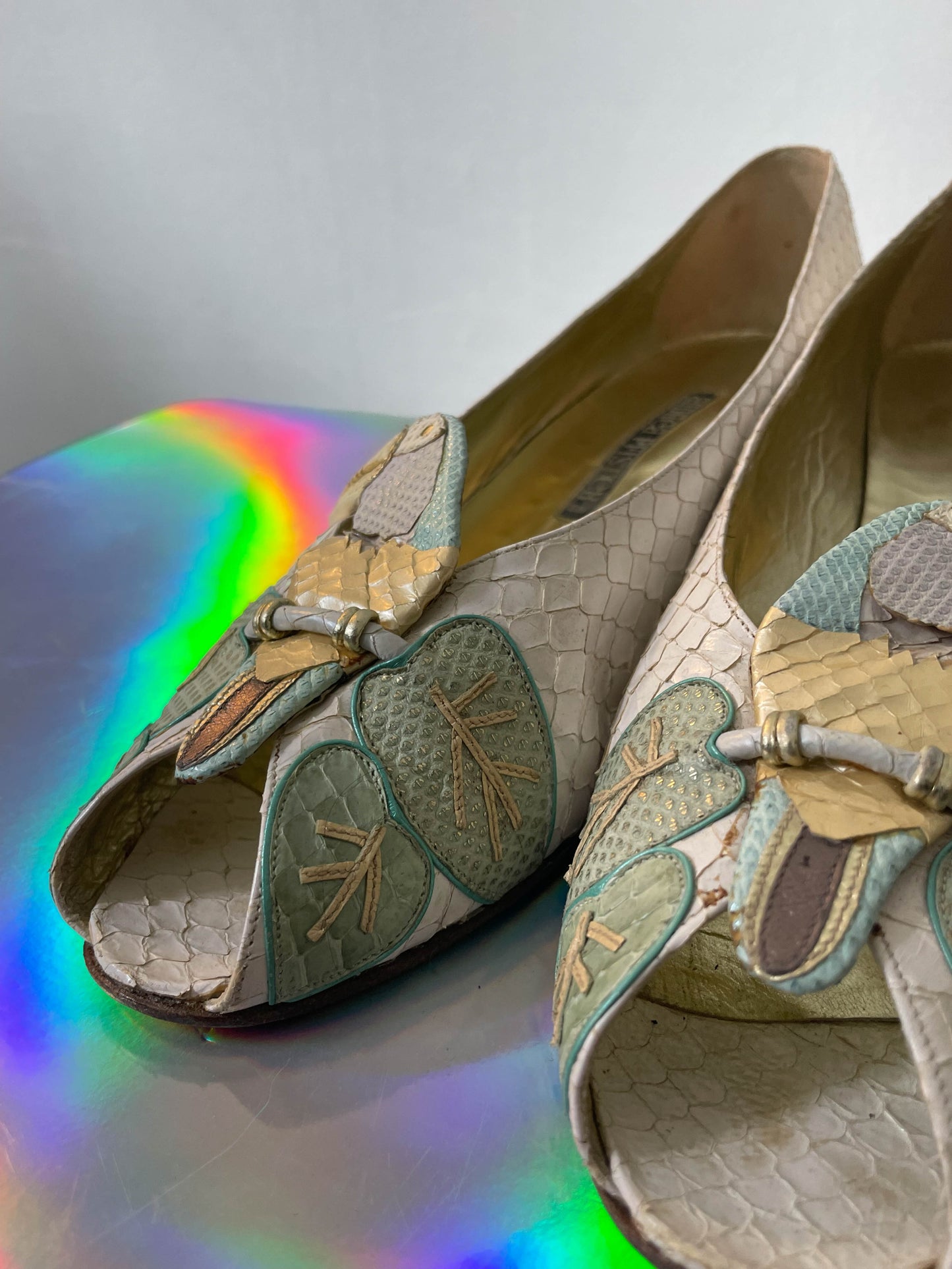 Andrea Pfister 80's white python leather toucan peep-toe shoes size 39