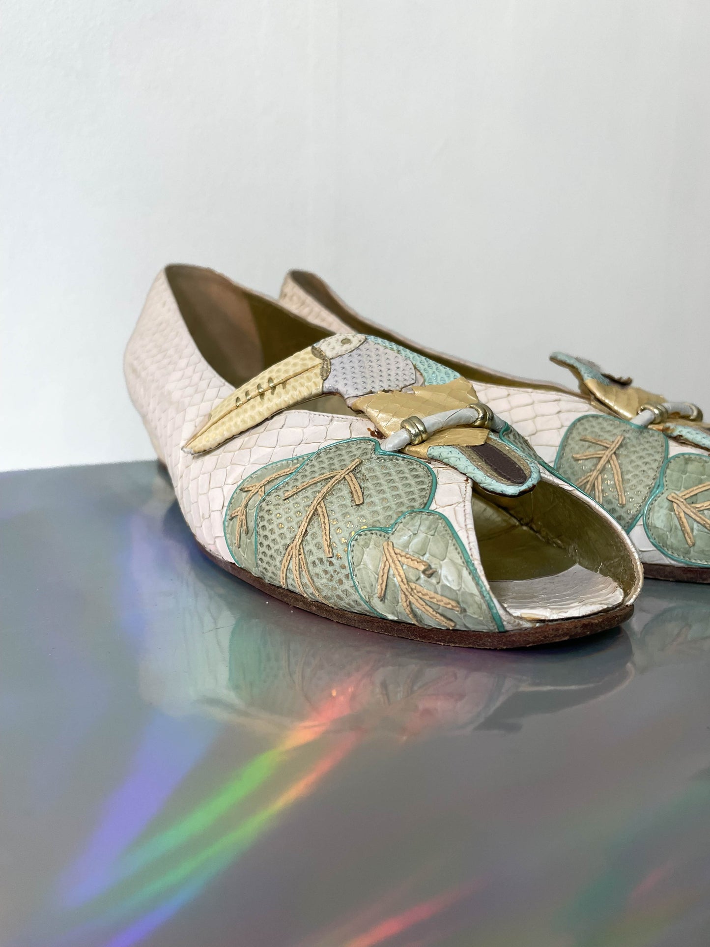 Andrea Pfister 80's white python leather toucan peep-toe shoes size 39