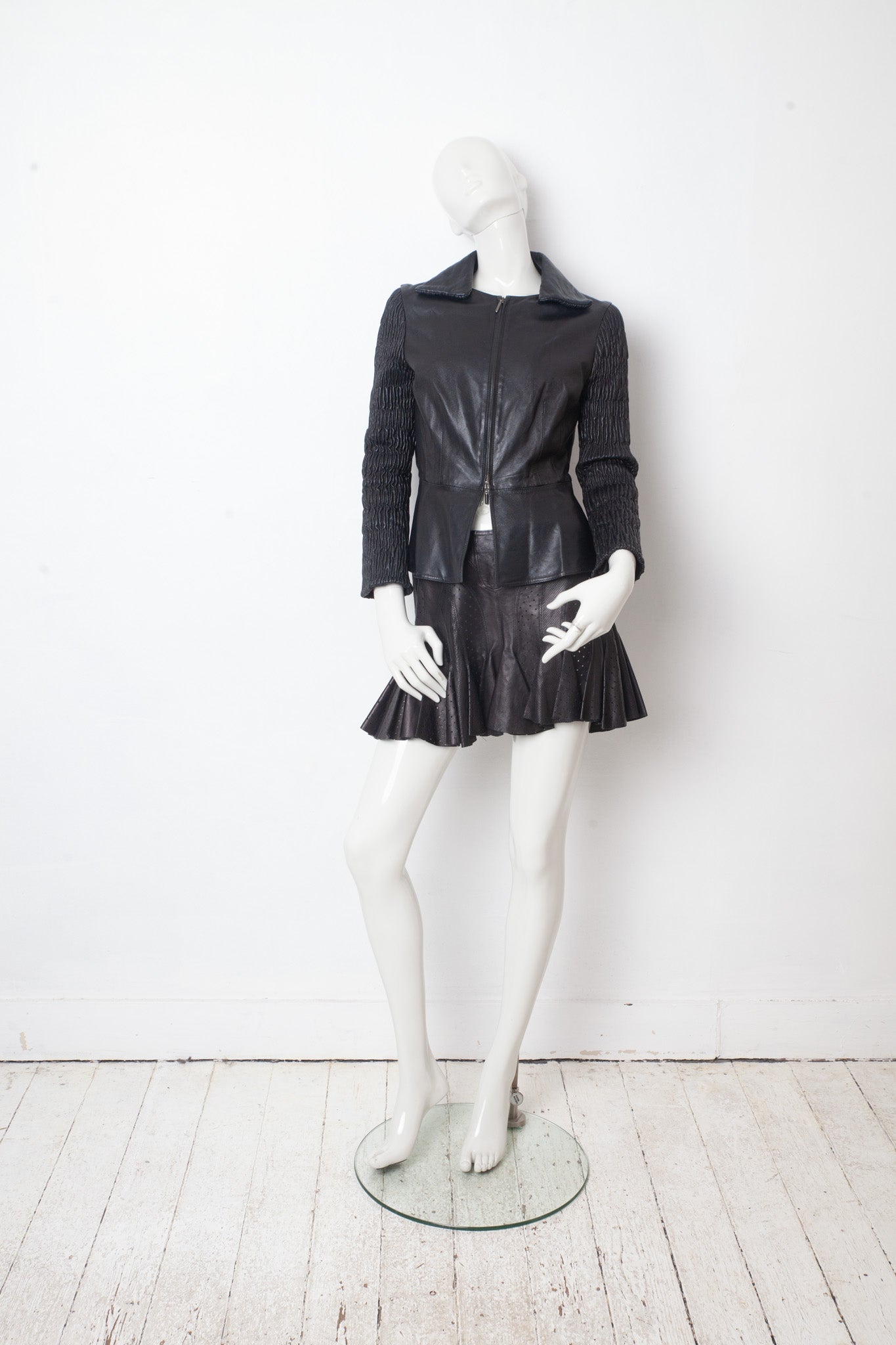 Alexander McQueen SS 2003 black perforated leather pleated miniskirt