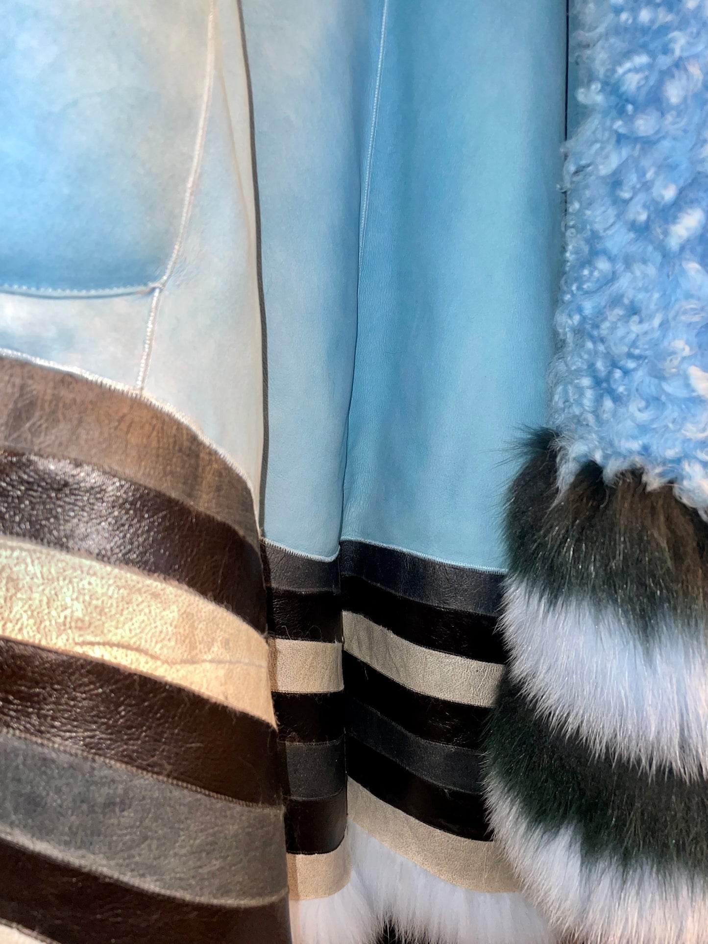 Fendi FW 2016 blue fur shearling coat with striped fox fur trims