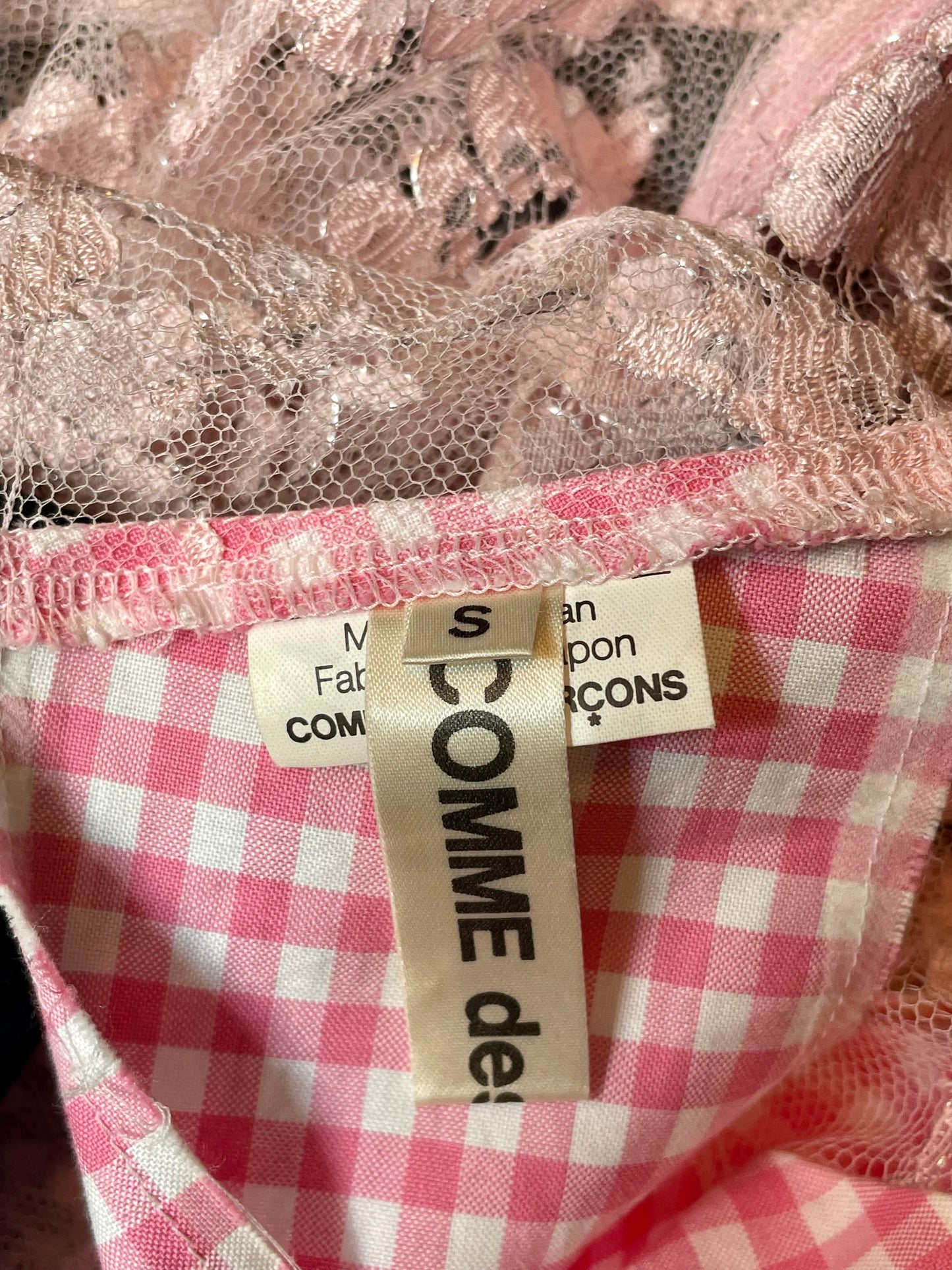 Comme des Garçons FW 2001 transparent lace & vichy pink top