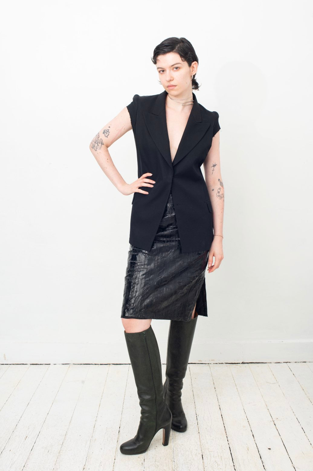 Krizia 80's black eel leather pencil skirt