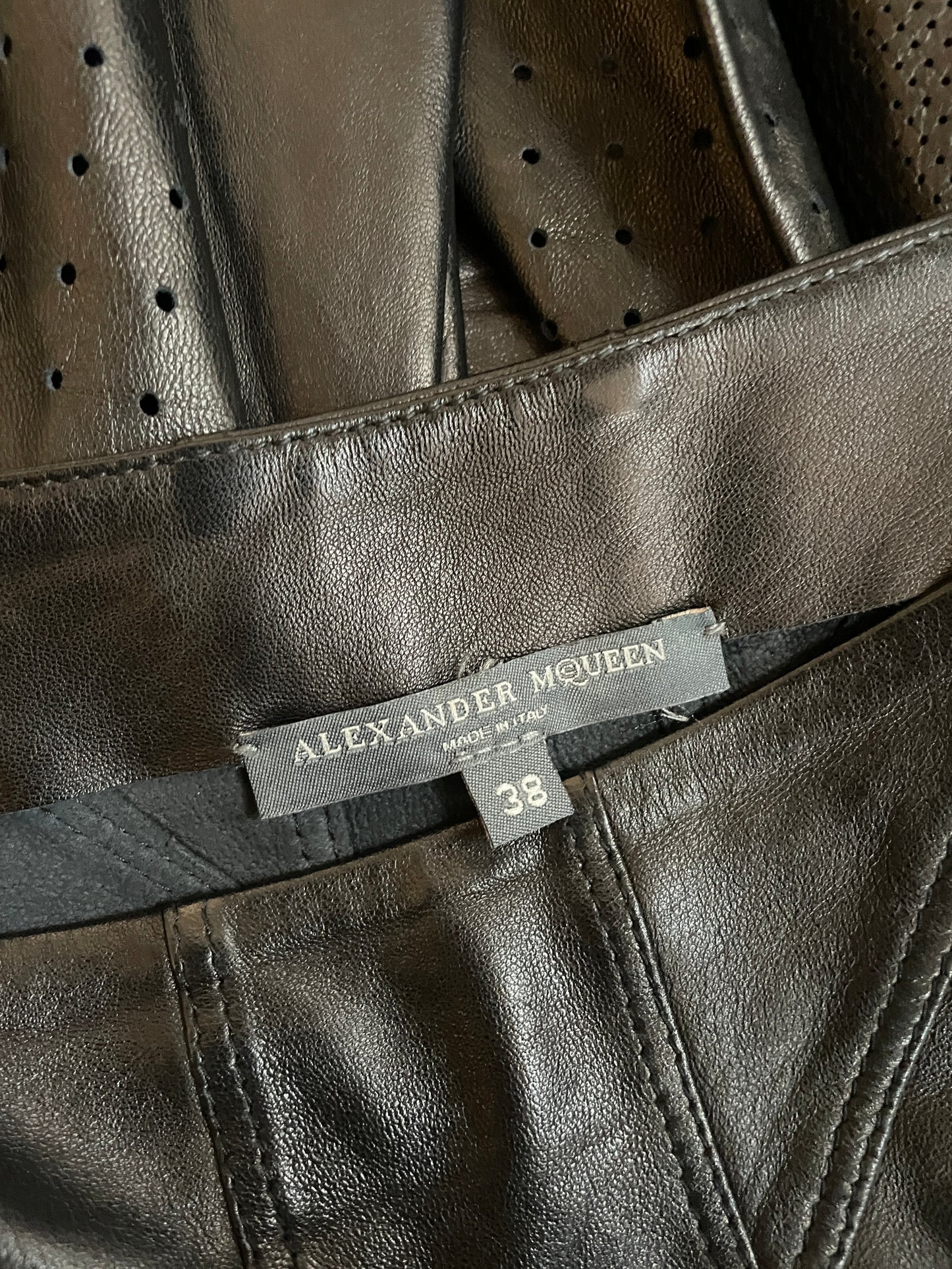 Alexander McQueen SS 2003 black perforated leather pleated miniskirt
