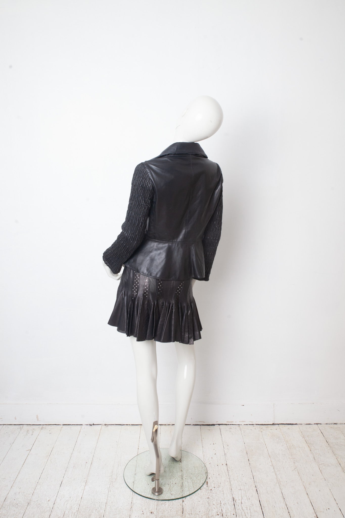 Alexander McQueen SS 2003 black perforated leather pleated miniskirt