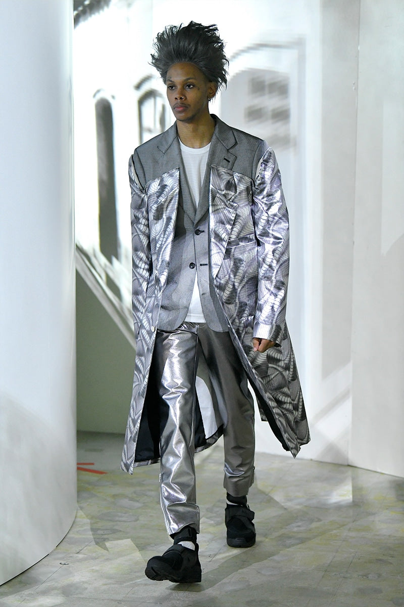 Comme des Garçons SS 2021 double layered silver abstract print coat