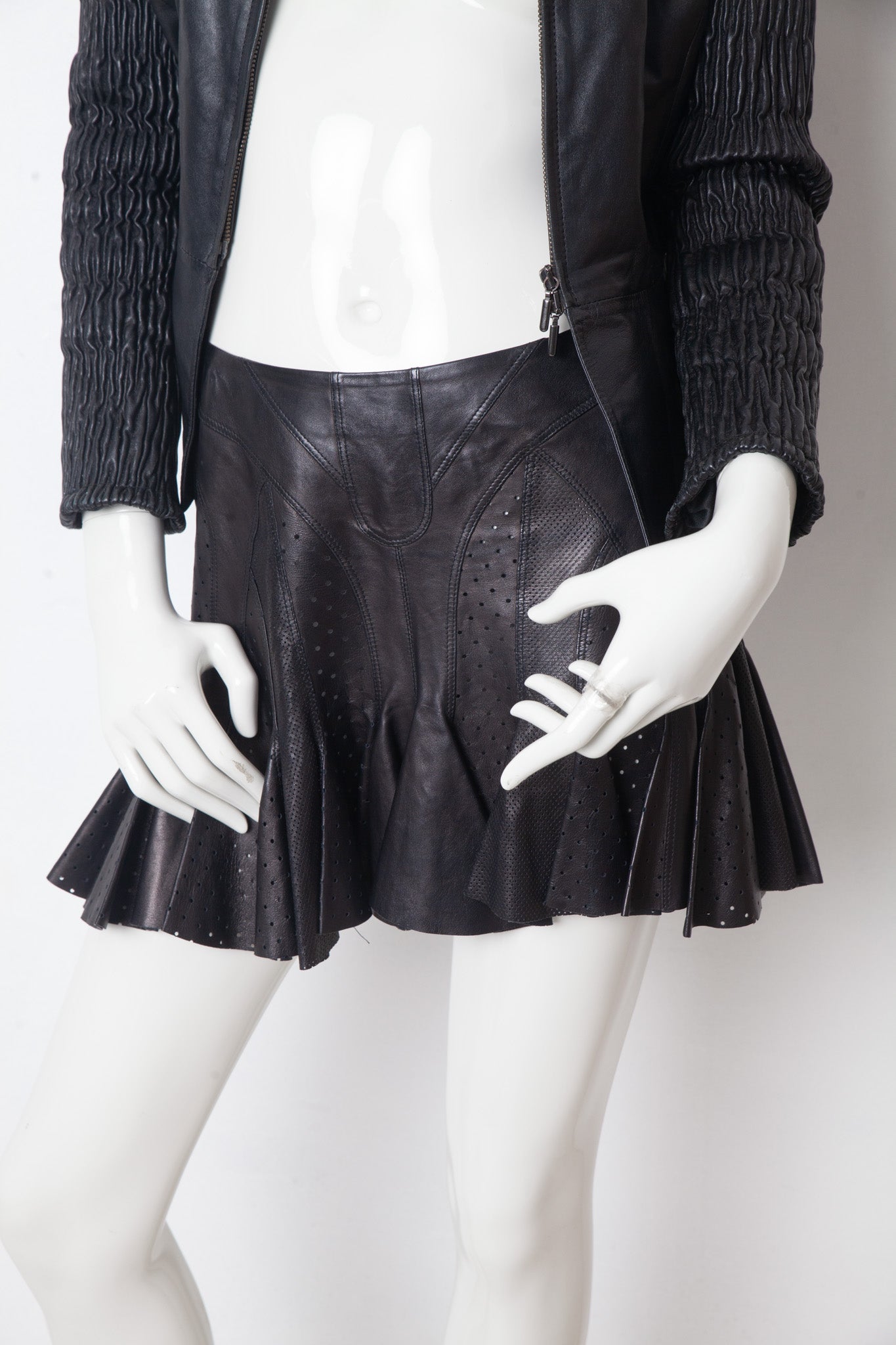 Alexander McQueen SS 2003 black perforated leather pleated miniskirt