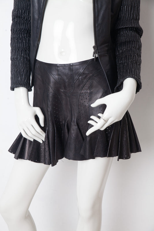 Alexander McQueen SS 2003 black perforated leather pleated miniskirt