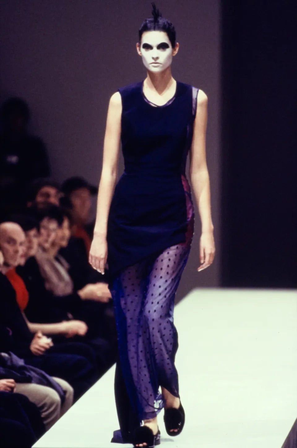 Comme des Garçons FW 1997 blue sheer polka dot with wool paneling evening dress